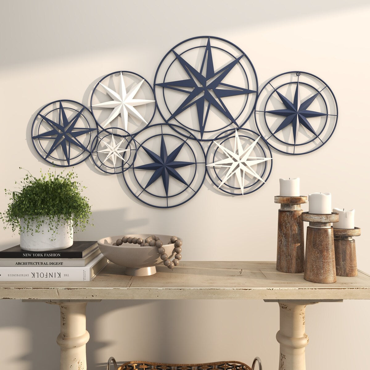 Metal Star Indoor Outdoor Cutout Compass Home Wall Decor with Overlapping Circular Frames - Blue - Roche River Decor