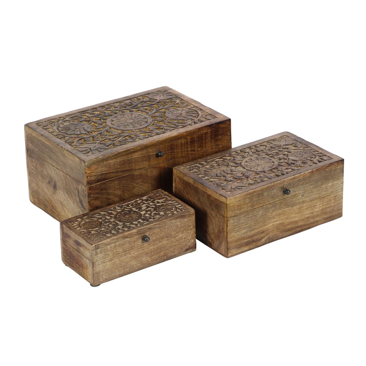 Mango Wood Floral Handmade Decorative Box with Hinged Lid - Set of 3 Brown or White - Roche River Decor