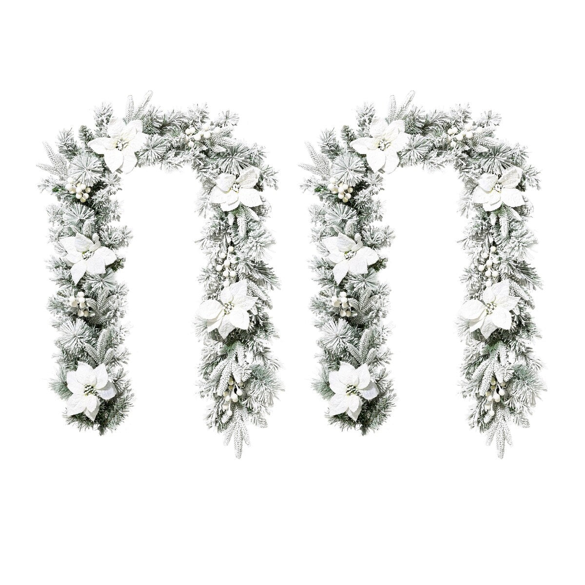 Glitzhome Set of 2 6ft Pre-Lit Flocked Greenery Pine White Poinsettia Christmas Garland