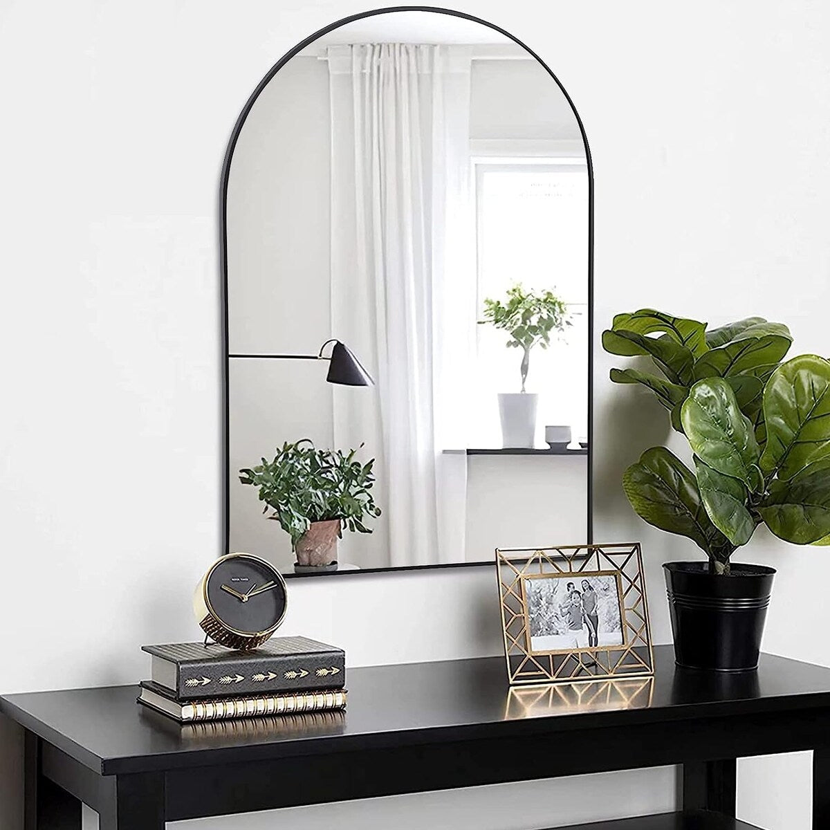 Modern Arched-Top Wall Mirror, Metal Framed Wall Mount Bathroom HD Vanity Mirror