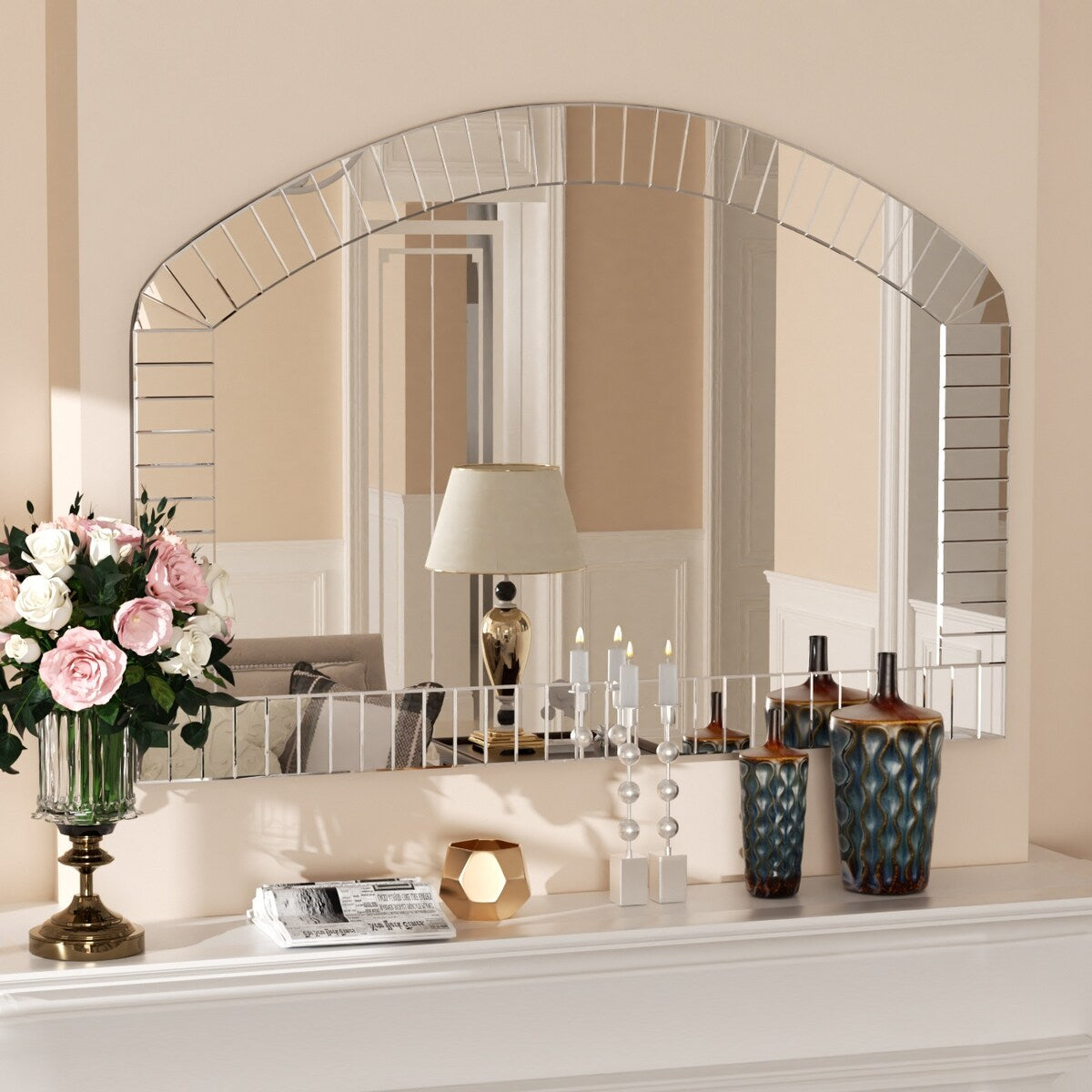 Large Beveled Arch Glass Flat Wall Mirror