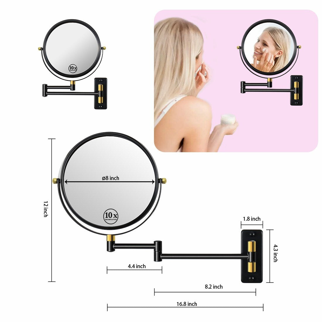 360° Swivel Wall Mounted Makeup Vanity Mirror with Extension Arm, 1X / 10X Magnification Mirror, 8-inch Makeup Mirror