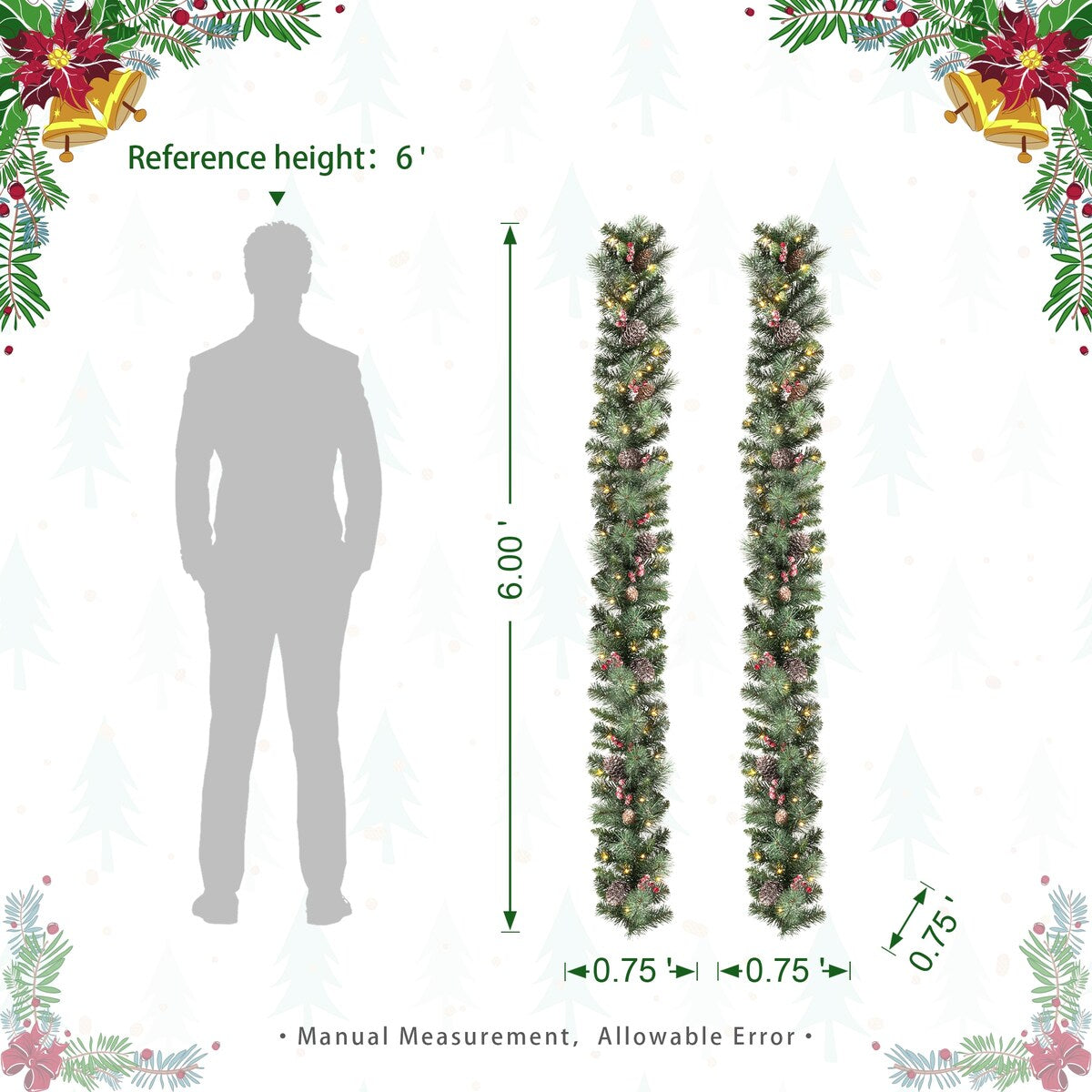 Glitzhome 2pk 6ft Pre-Lit Pinecones or Snow Flocked Christmas Garland, with Warm White LED Lights and Timer