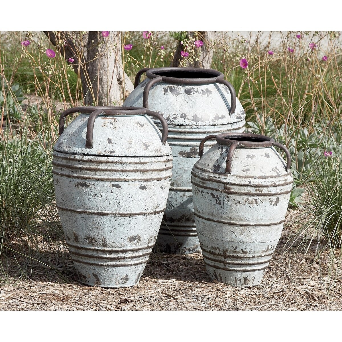 Metal Distressed Decorative Vase with Handles - Set of 3 Blue - Roche River Decor