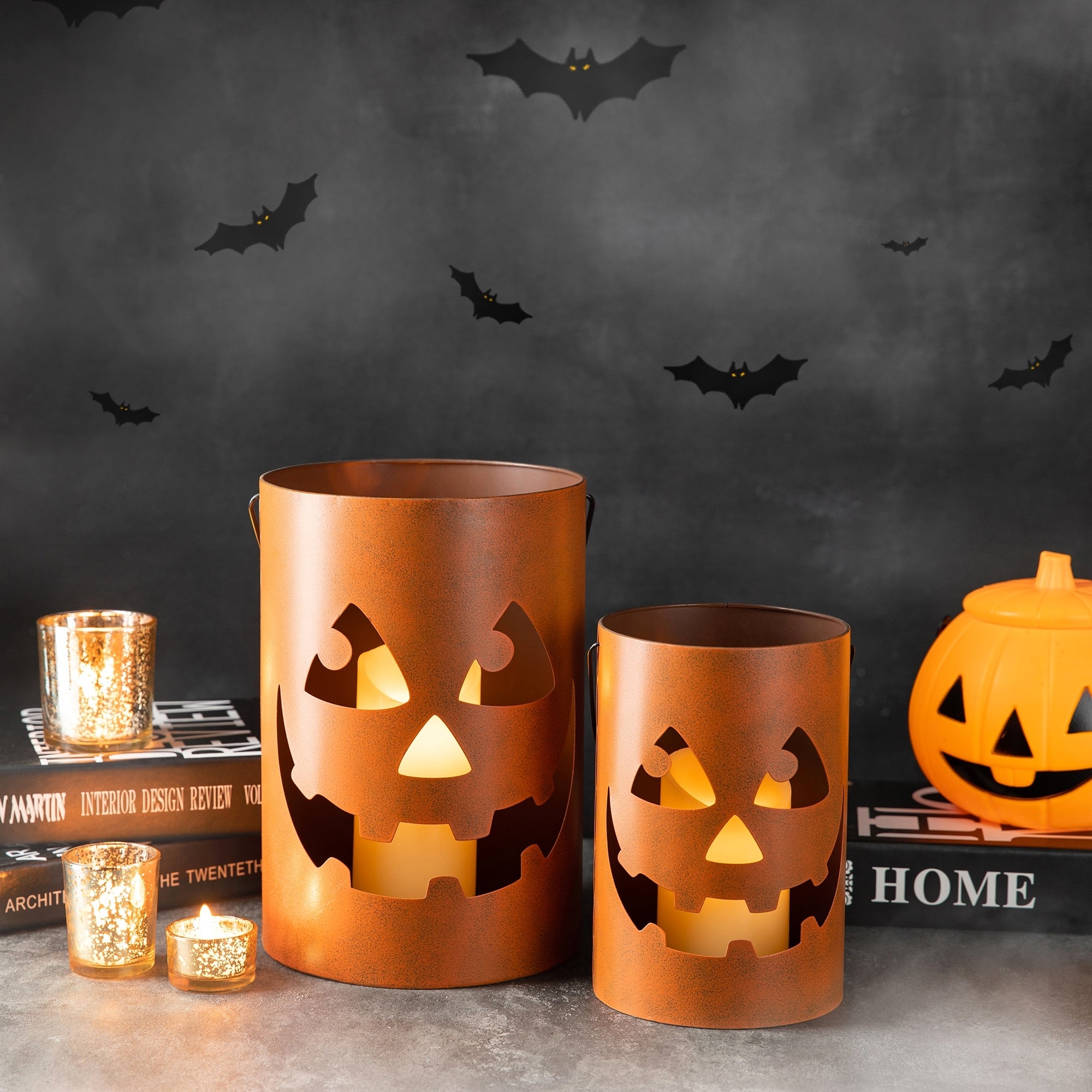 Glitzhome Set of 2 Halloween Metal Bucket Lanterns