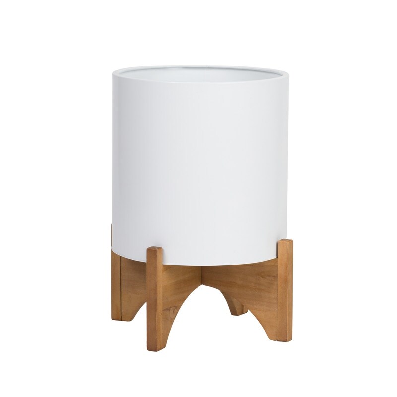 Raya White Mid-Century Modern Indoor Metal Pot Planter with Arch Wood Base