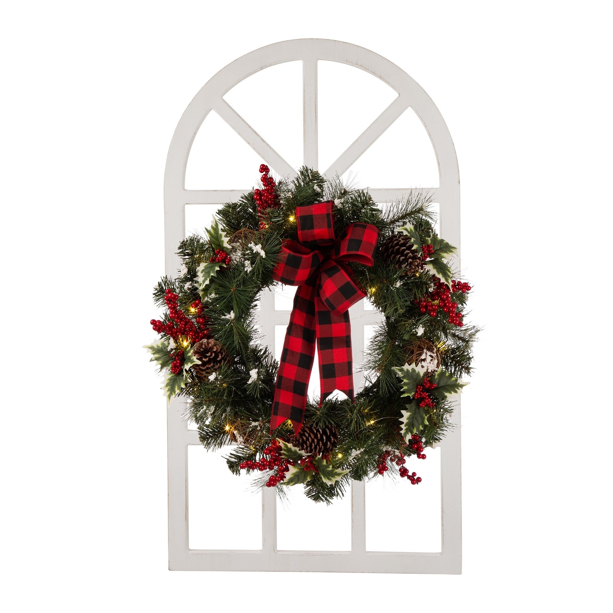 Glitzhome 24 LED Greenery Twig Ball Pinecone Holly Pine Wreath with Timer