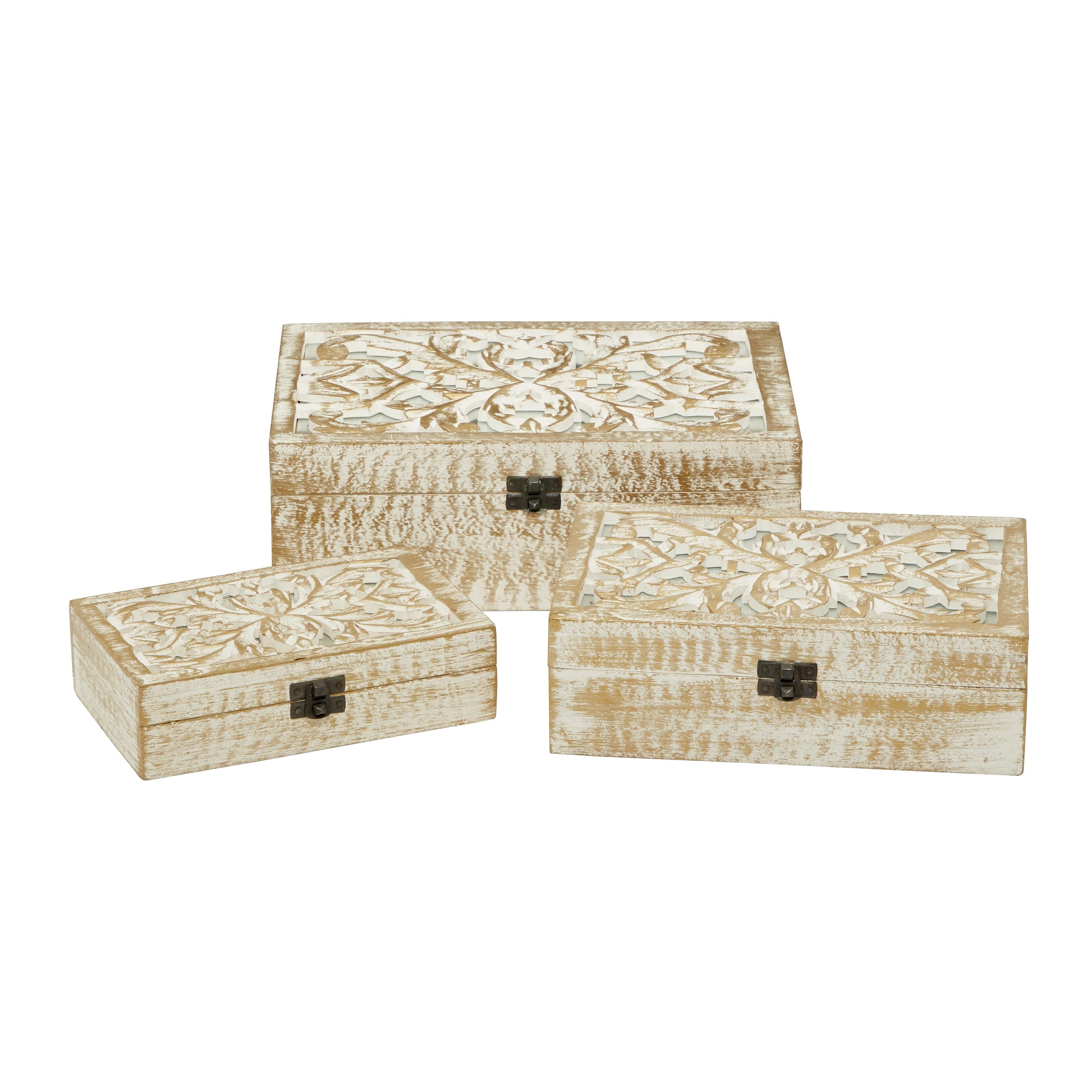 Mango Wood Floral Handmade Decorative Box with Hinged Lid - Set of 3 Brown or White - Roche River Decor