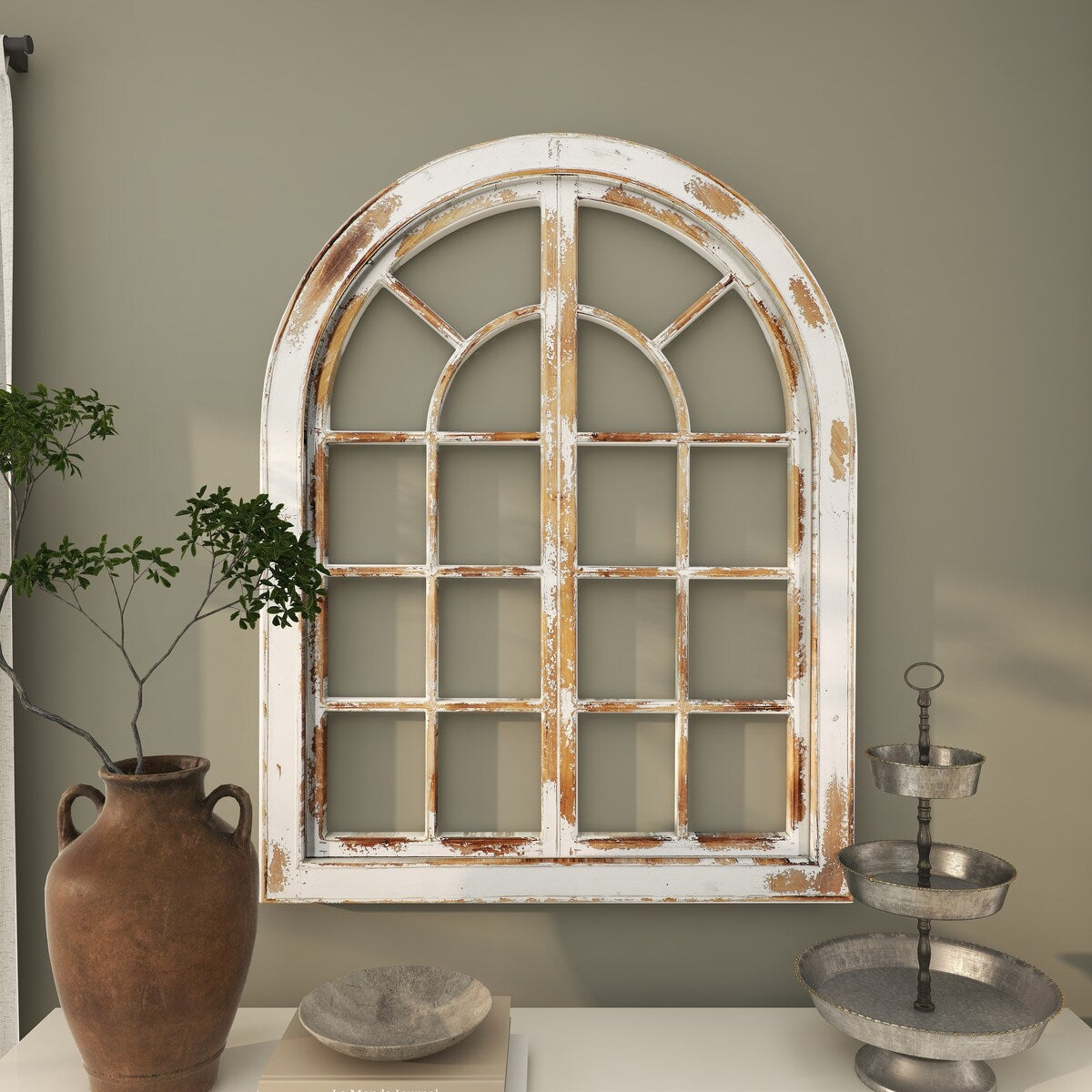 Wood Abstract Arched Vintage Window Pane Home Wall Decor with Brown Distressing - White - Roche River Decor