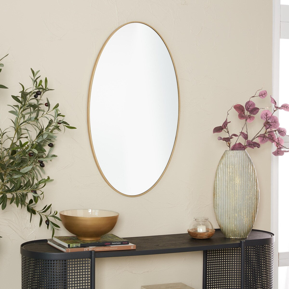 Wood Oval Room Wall Mirror with Thin Minimalistic Frame - Black, Gold or White - Roche River Decor