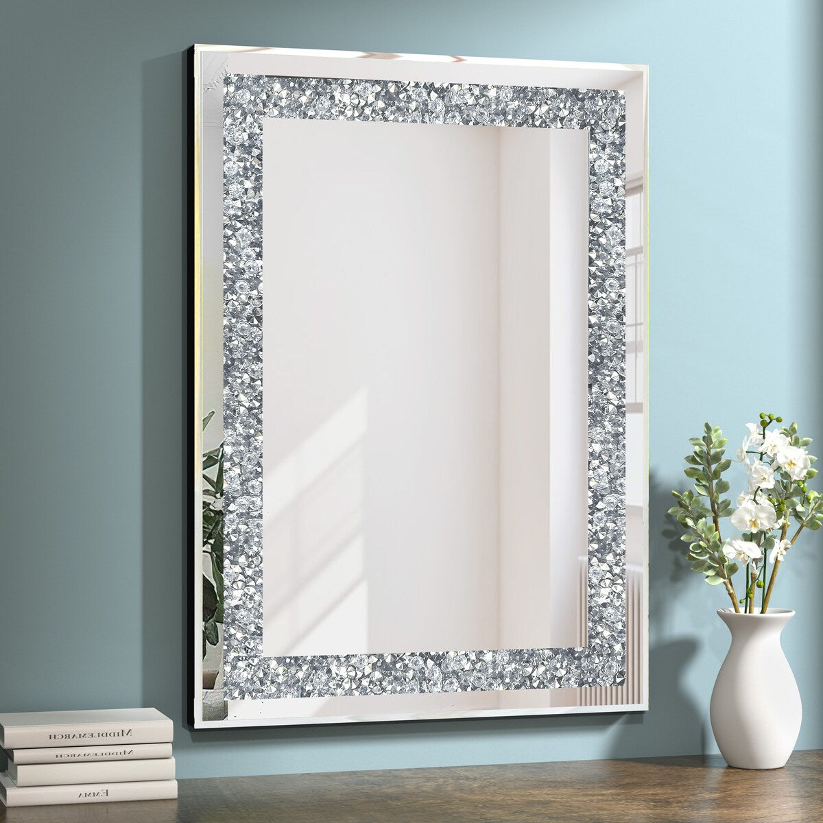 KOHROS Silver Rectangle Crystal Decorative Wall Mirror