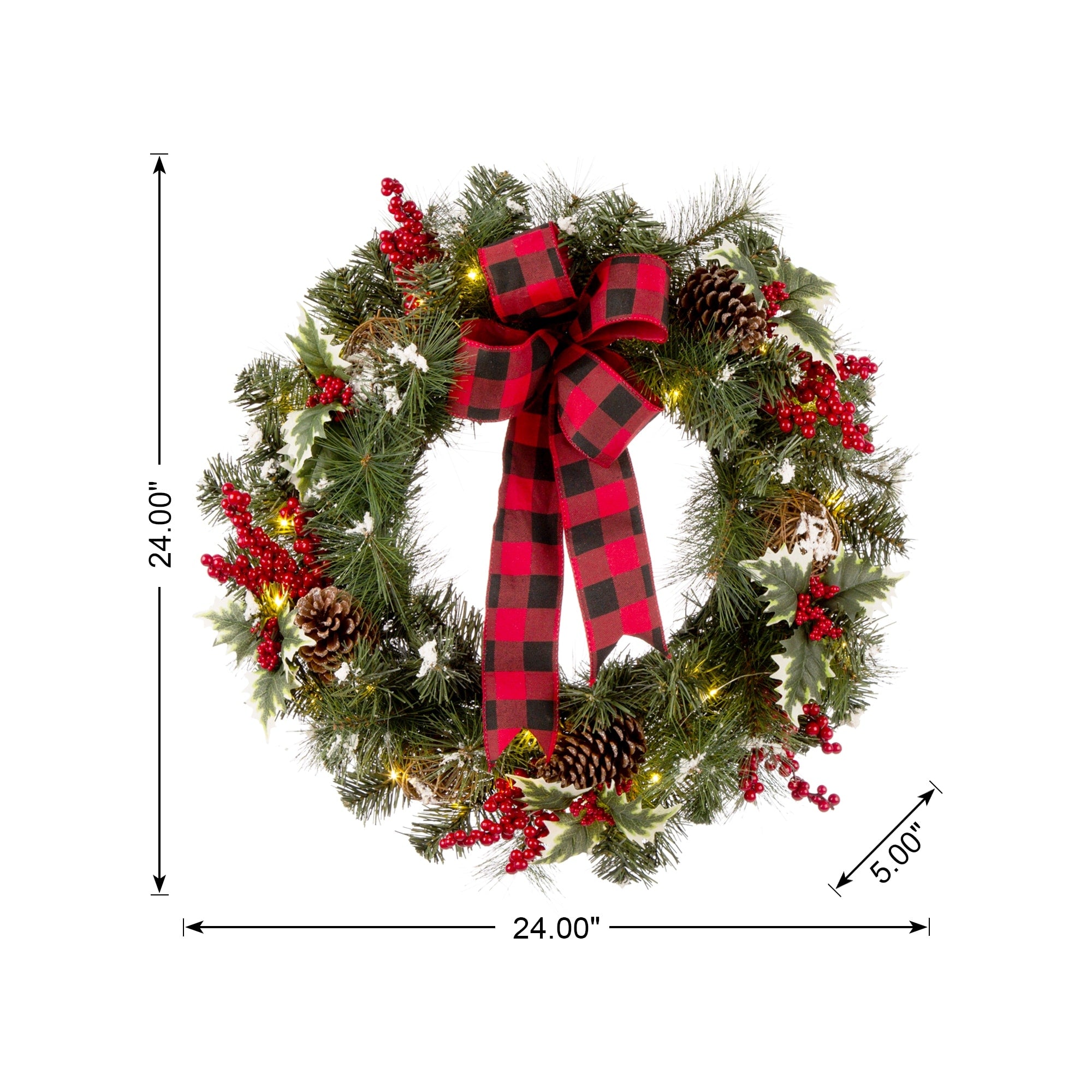 Glitzhome 24 LED Greenery Twig Ball Pinecone Holly Pine Wreath with Timer