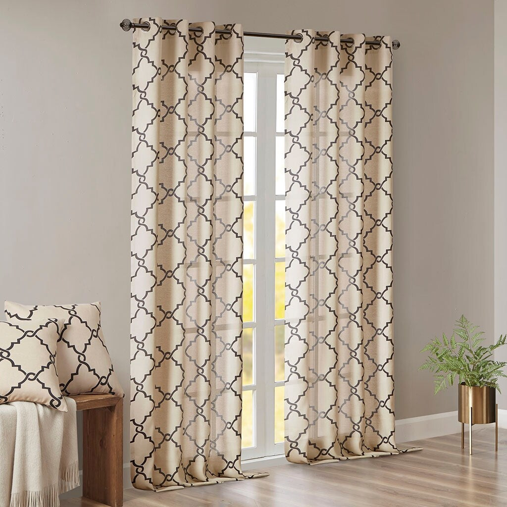 Cotton Blend Curtain Panel Pair, Scroll Geometric Print Grommet Curtain Panel Machine Washable - 63/84/95/108