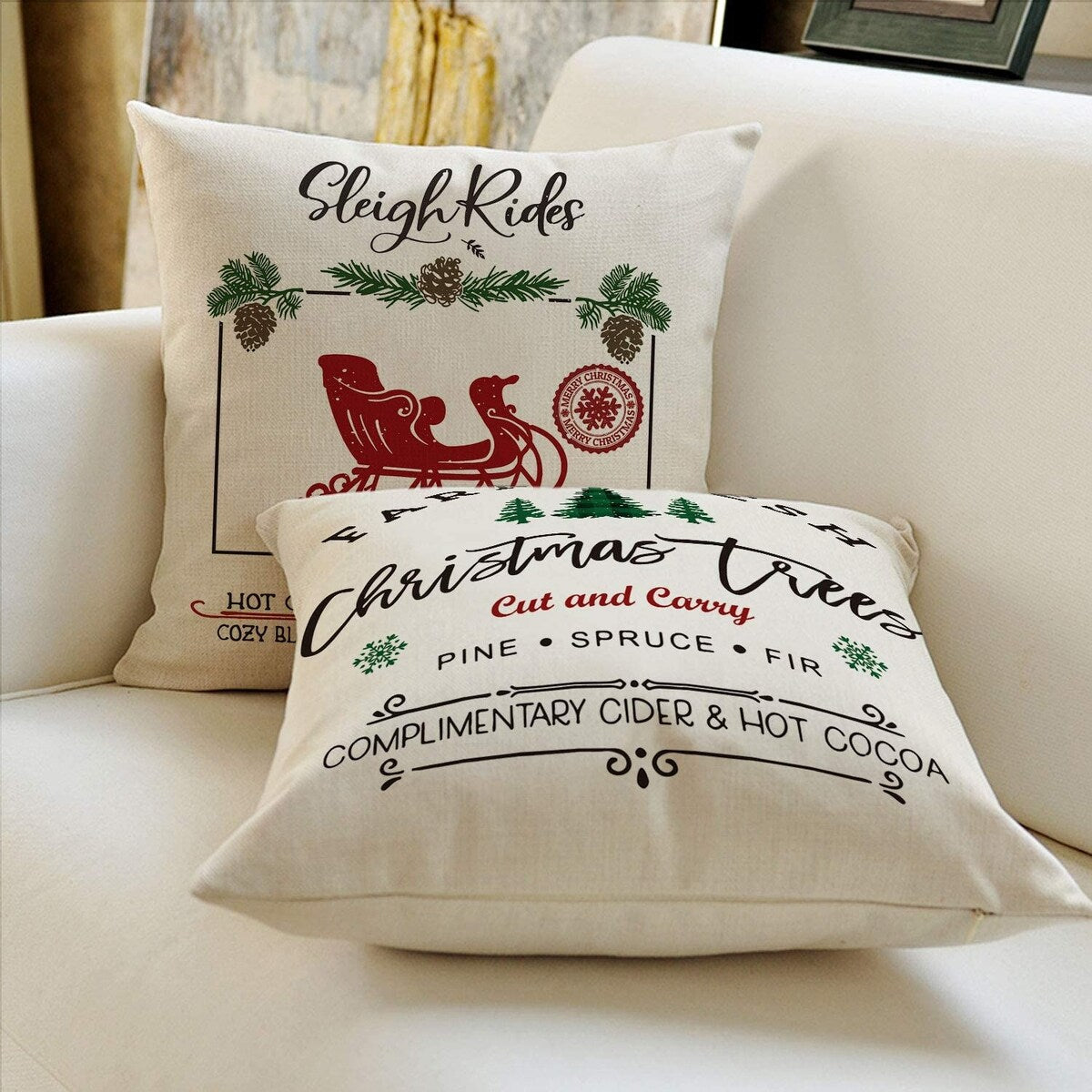 Christmas Throw Pillow Cover, 18 x 18 Inch Winter Holiday Rustic Farmhouse Cushion Case for Sofa Couch Set of 4