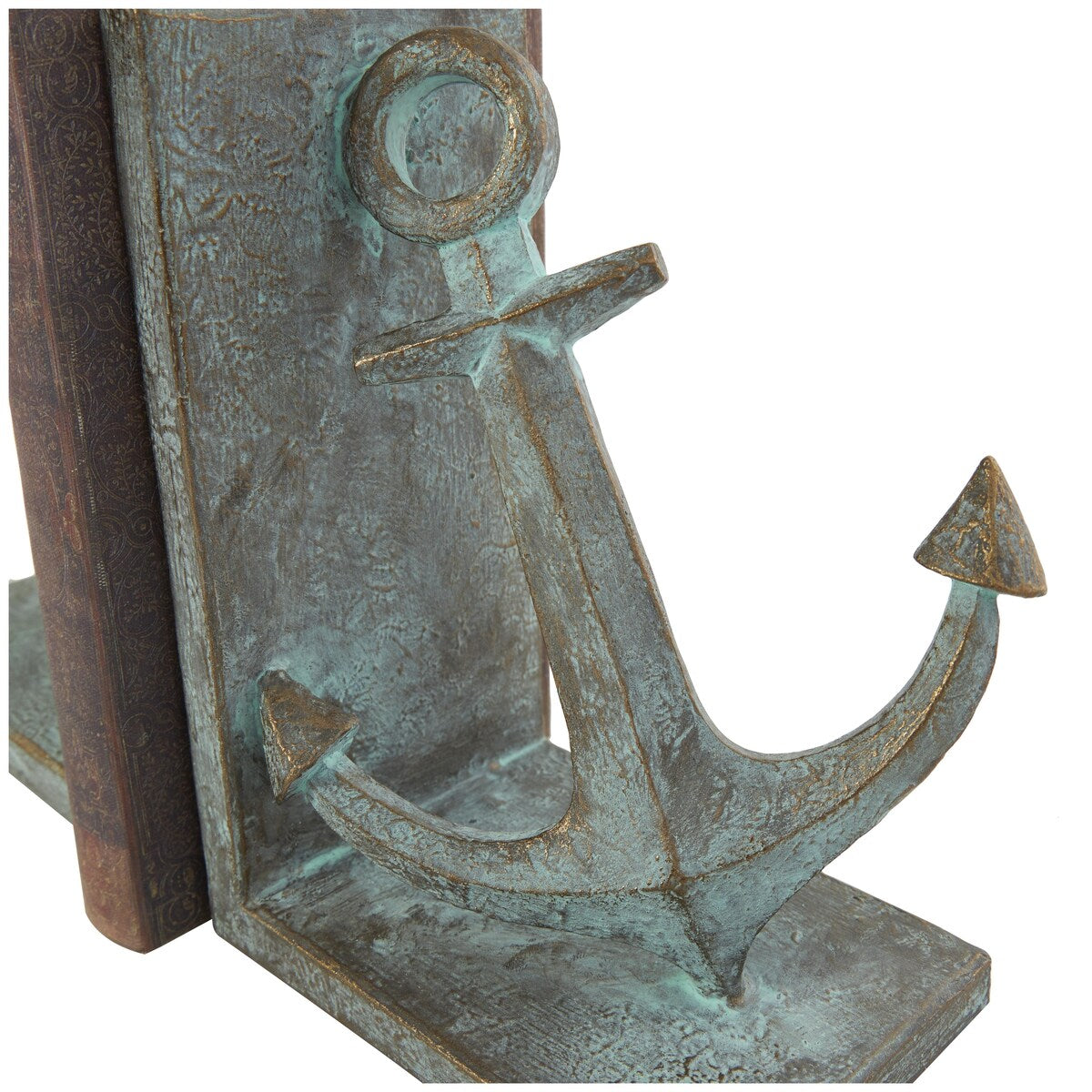 Polystone Anchor Distressed Patina Decorative Bookends with Gold Foil Accents - Set of 2 Blue - Roche River Decor