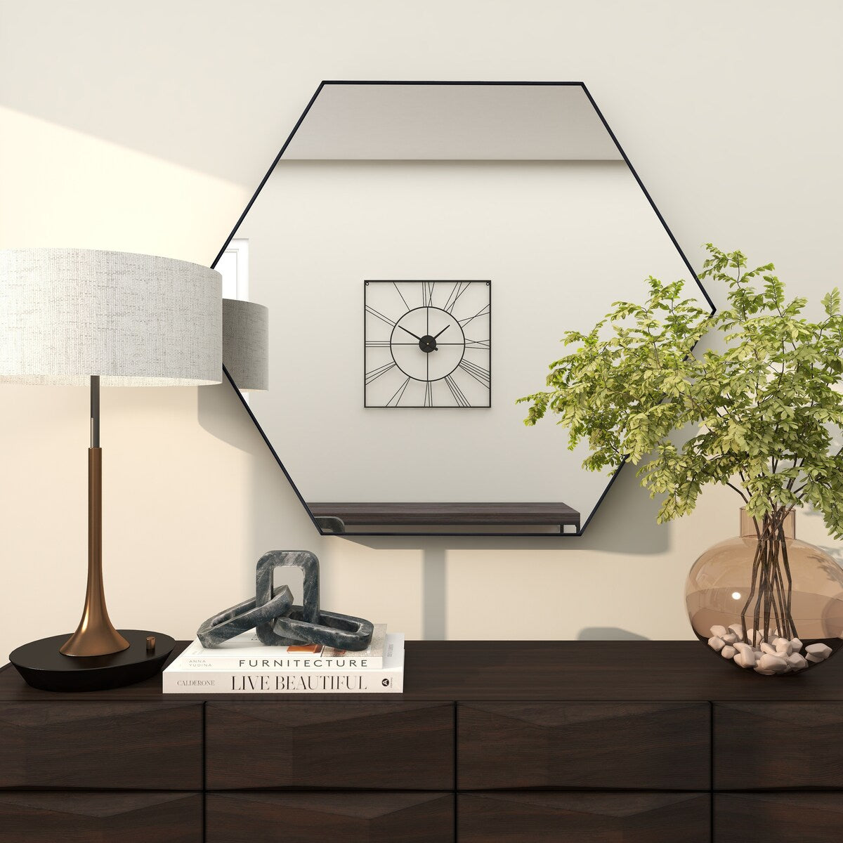 Wooden Hexagon Room Wall Mirror with Thin Minimalistic Frame - Black or Gold - CosmoLiving by Cosmopolitan