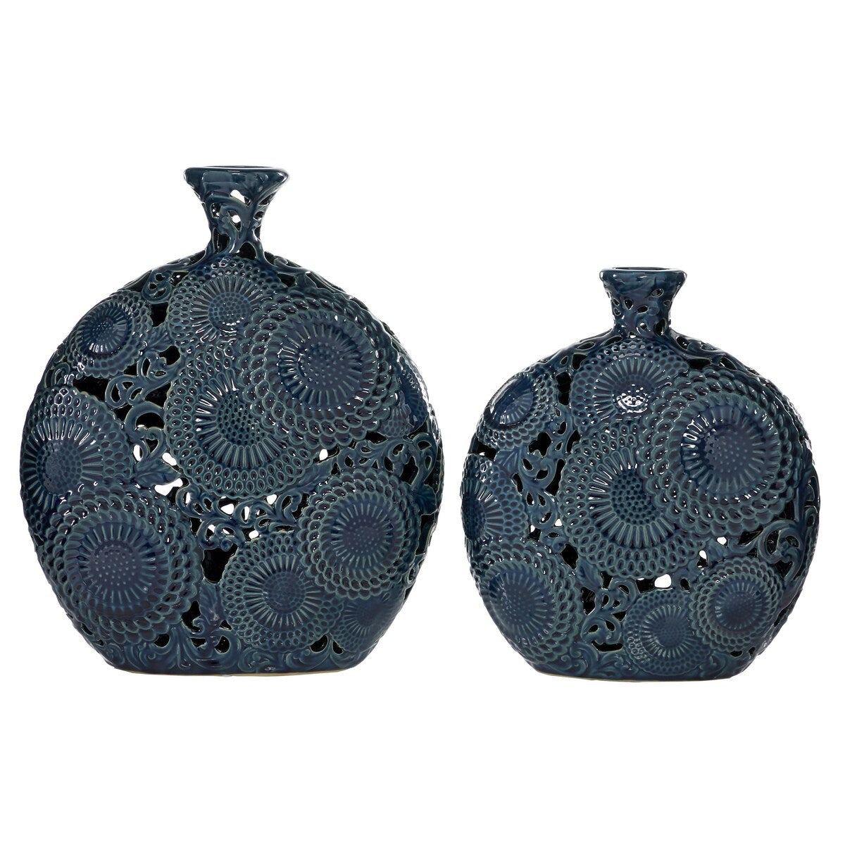 Ceramic Floral Decorative Vase with Cut Out Patterns - Set of 2 Blue - Roche River Decor