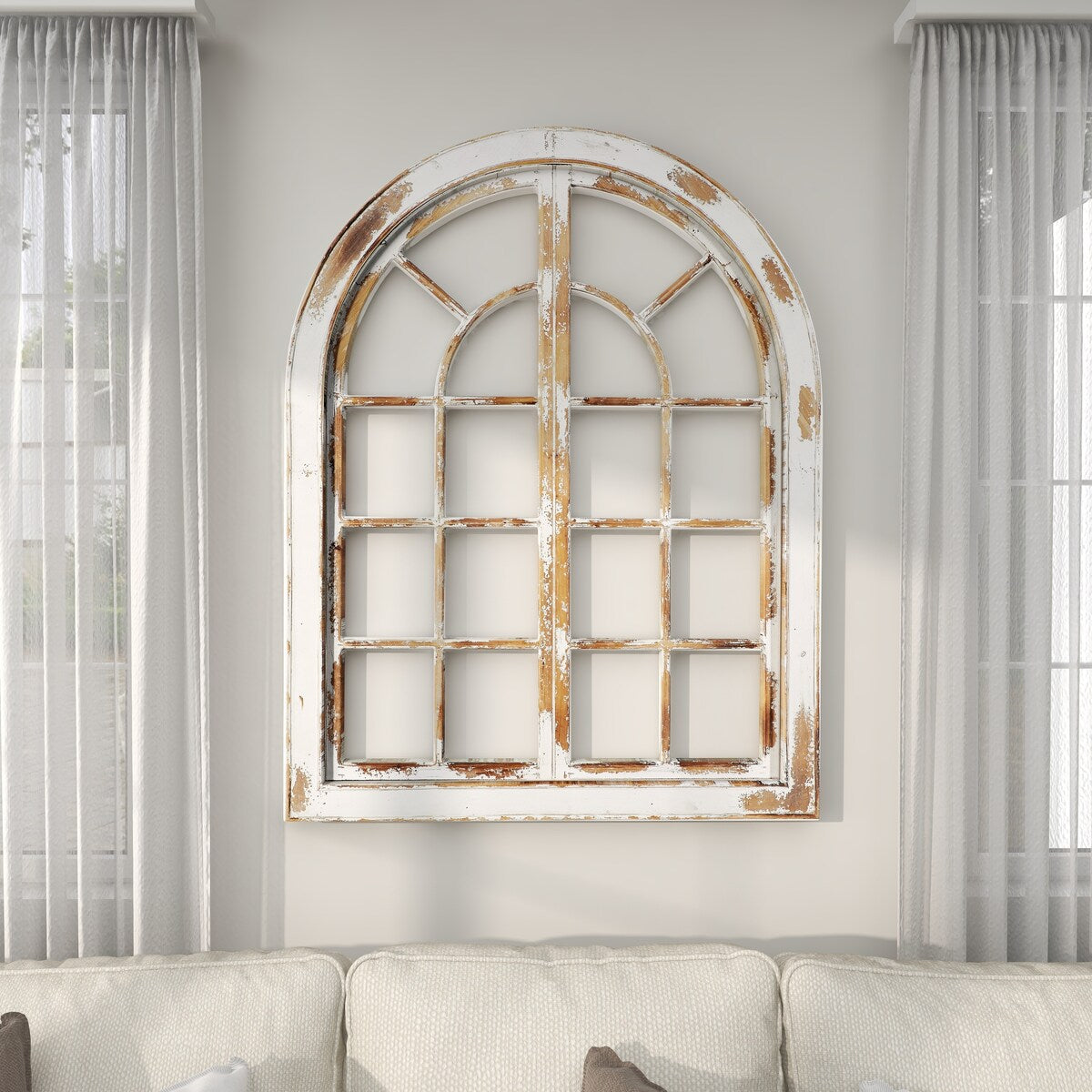 Wood Abstract Arched Vintage Window Pane Home Wall Decor with Brown Distressing - White - Roche River Decor