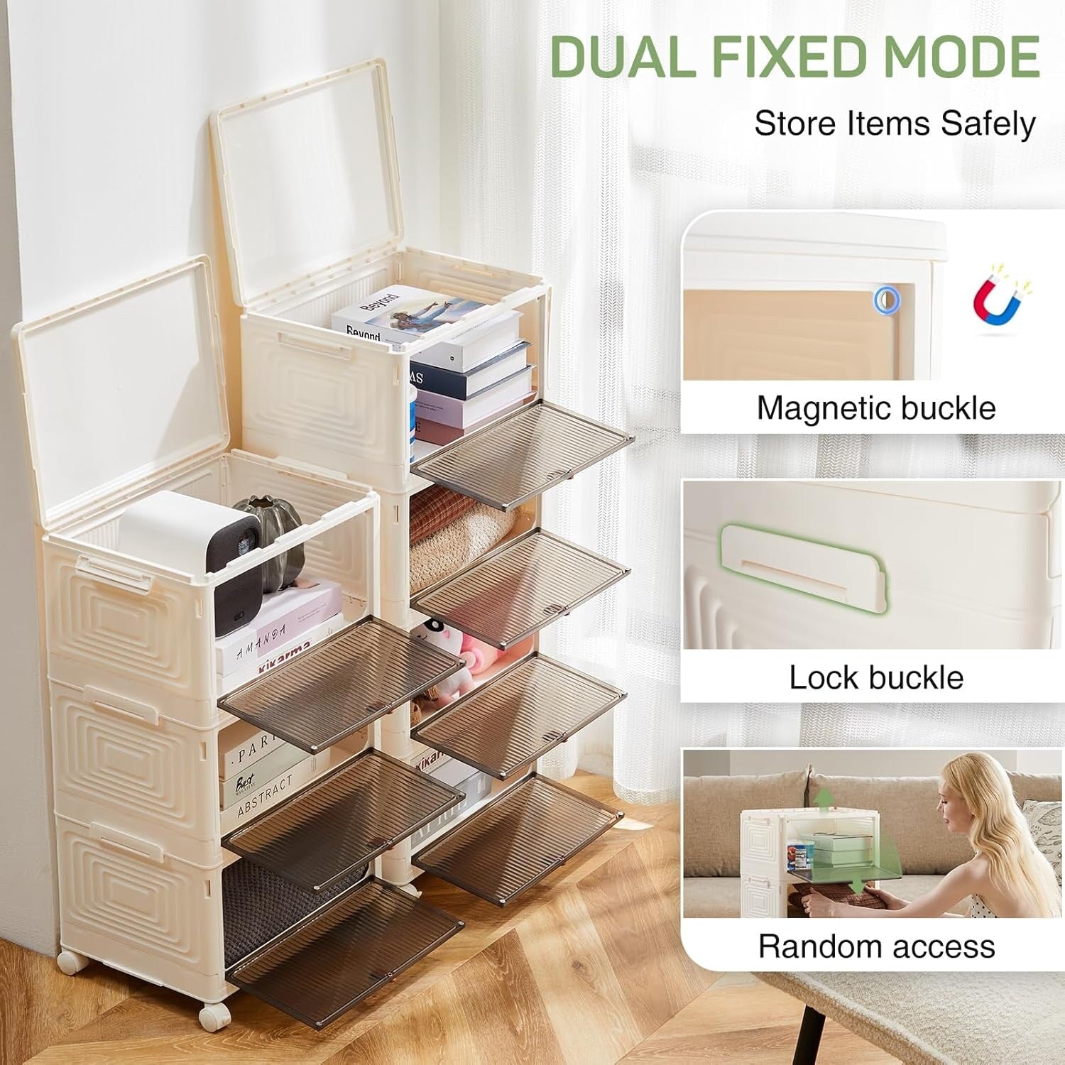 Stackable Plastic Storage Bins with Lids, Foldable with Magnetic Doors and Lockable Wheels for Living Room, Dorm, Home Office