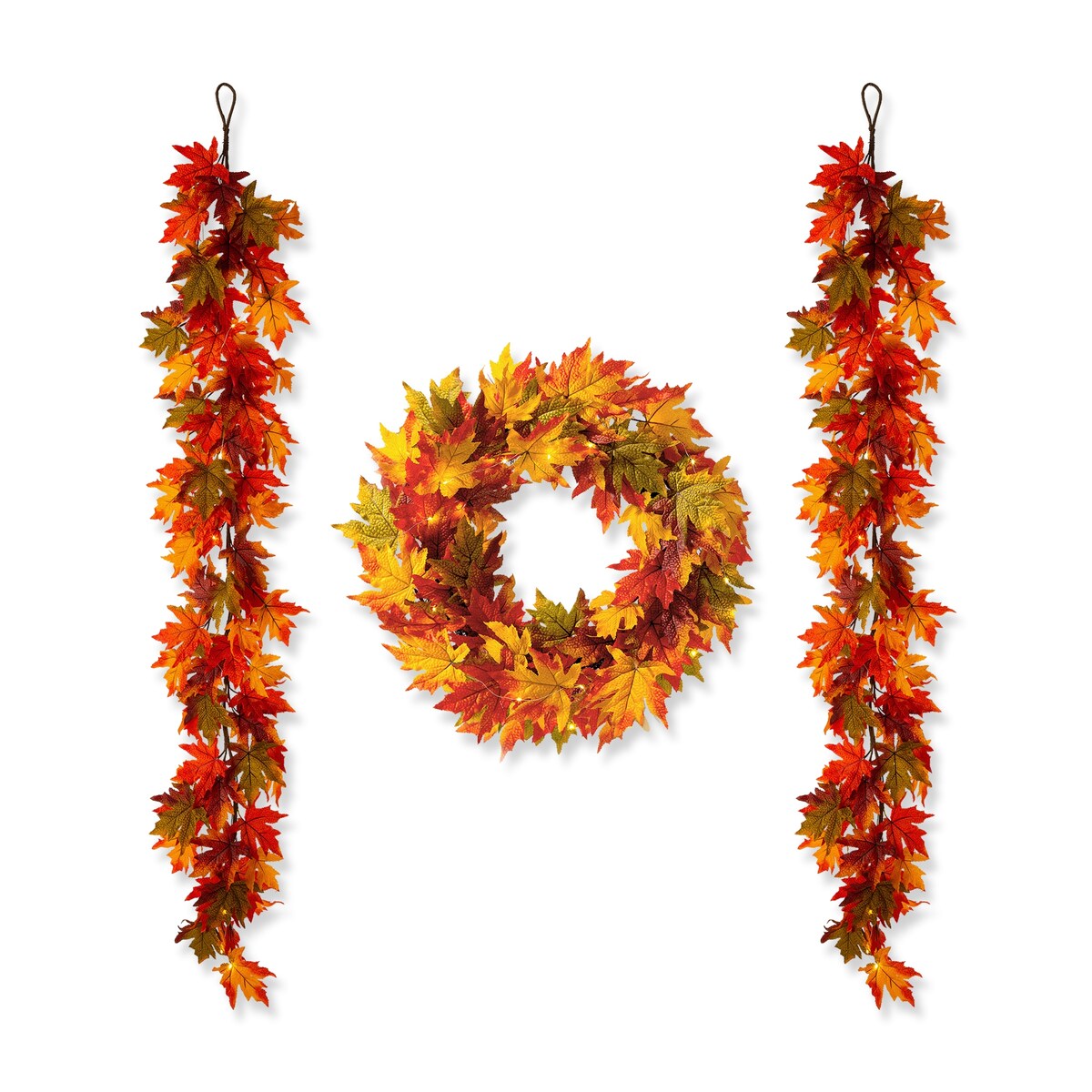 Glitzhome LED Lighted Fall Maple Leaves Wreath/Garland for Thanksgiving