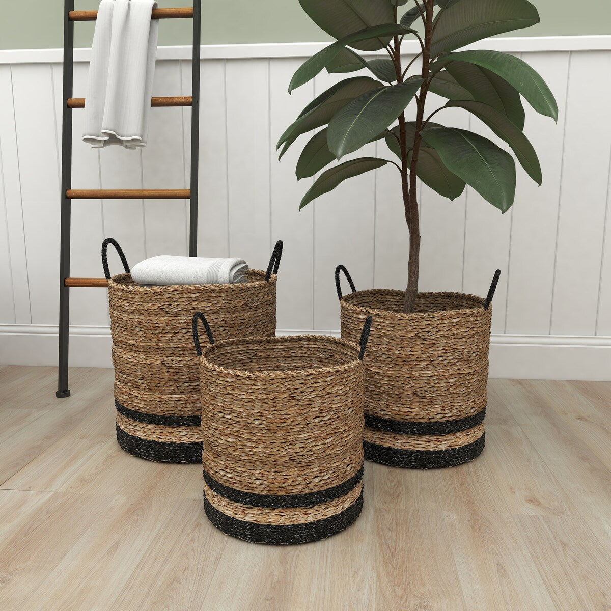 Seagrass Handmade Two-Toned Brown Decorative and Functional Storage Basket with Handles - Set of 3 Black - Roche River Decor