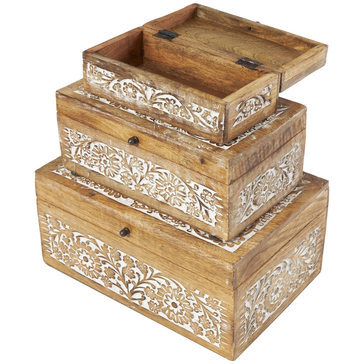 Mango Wood Floral Handmade Decorative Box with Hinged Lid - Set of 3 Brown or White - Roche River Decor