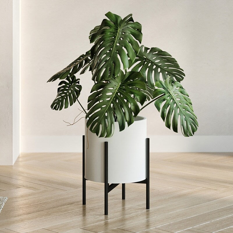 Raya White Mid-Century Modern Planter with 4-Leg Metal Base