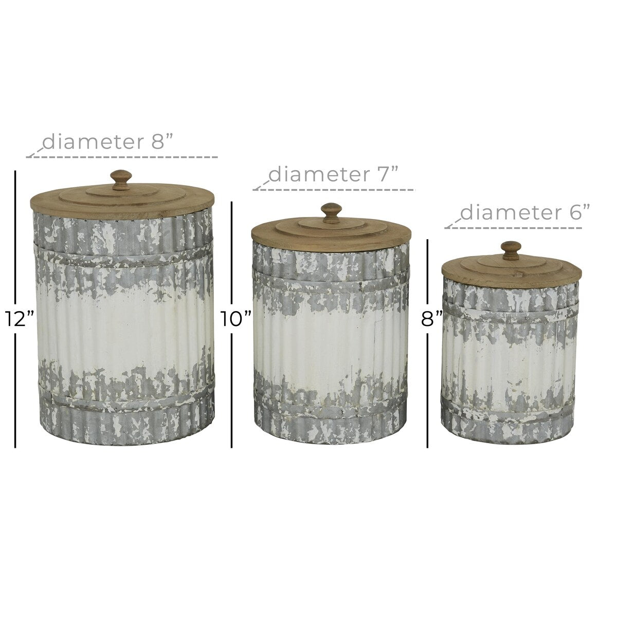 Metal Distressed Living Room Decorative Jars with Wood Lids - Set of 3 White - Roche River Decor