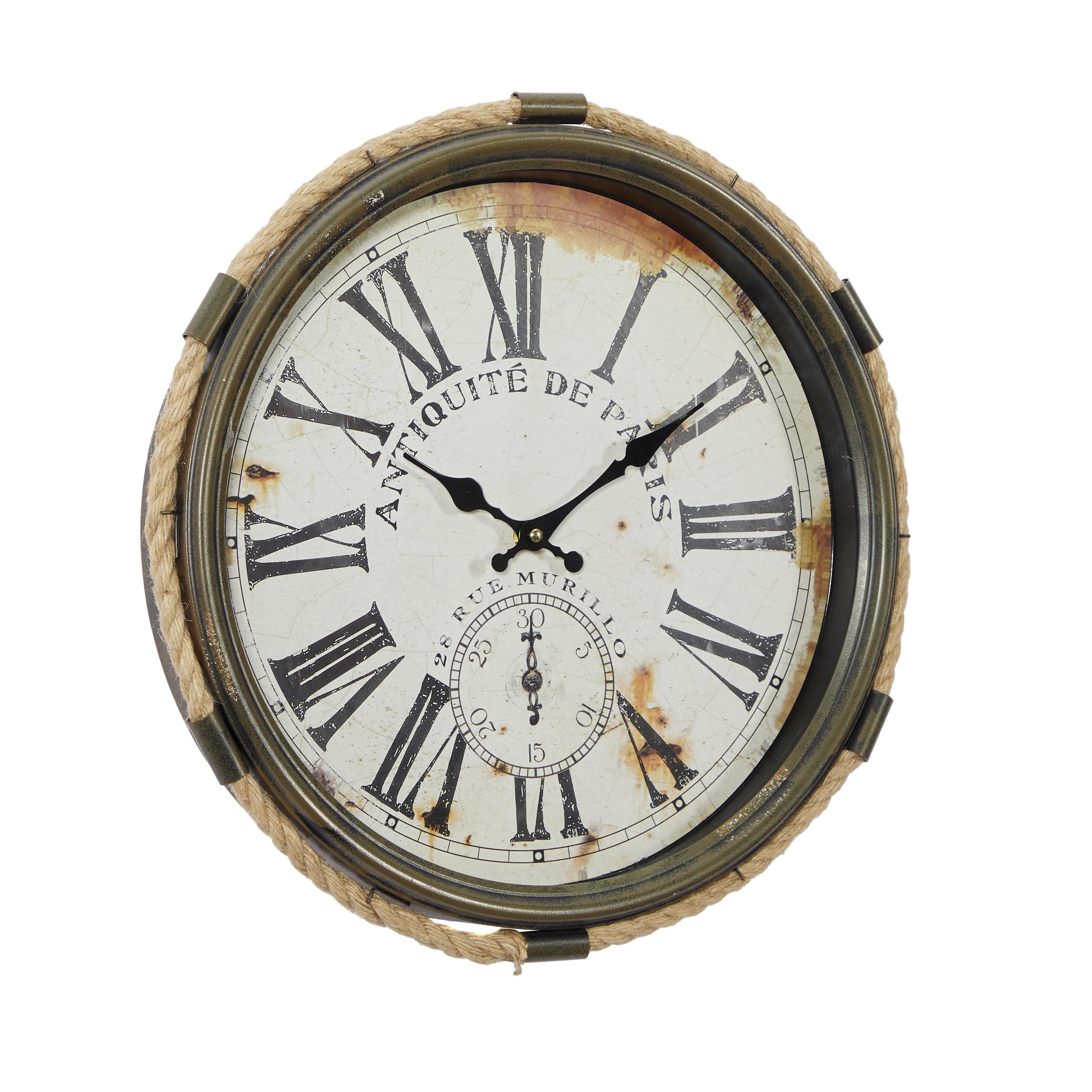 Metal Scroll Decorative Wall Clock with Distressed Frame and Rope Accent - Blue or White - Roche River Decor