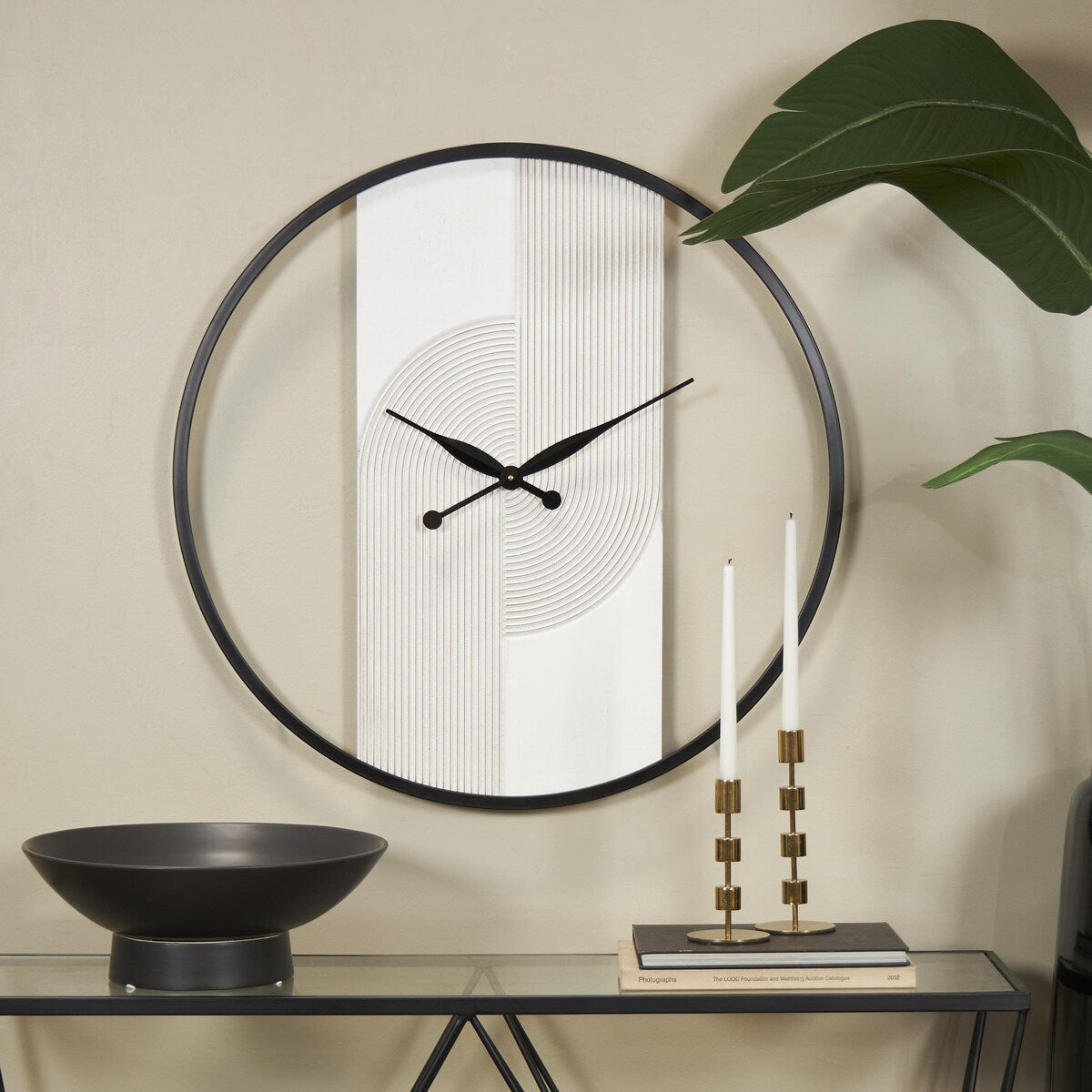 Wood Geometric Art Deco Inspired Line Art Decorative Wall Clock with Black Accents - White - The Novogratz