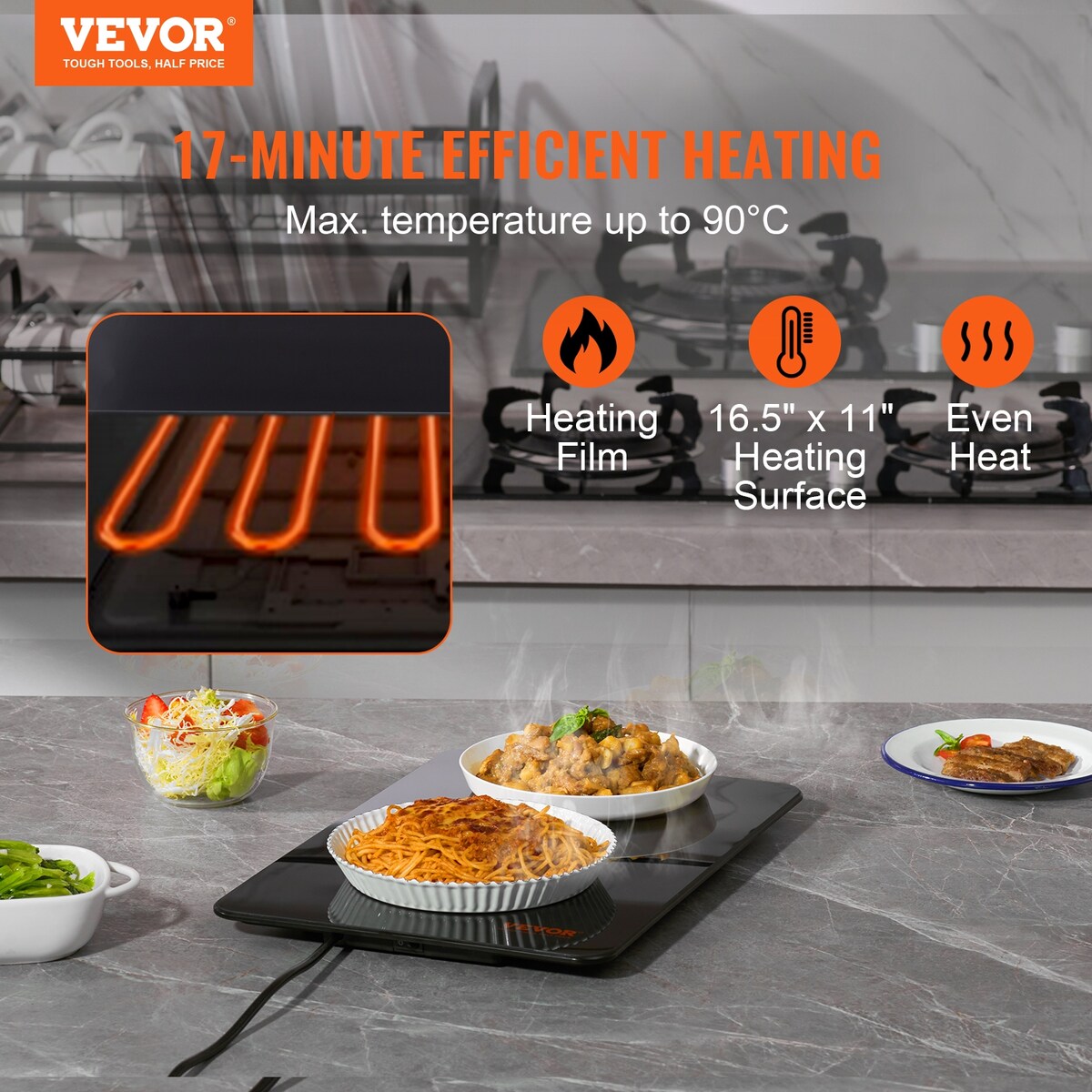 VEVOR 16.5x11 16.5x23.6 18.9x10.2 Inch Electric Tray 35-100℃ Temp Control Dinner Catering Parties Black