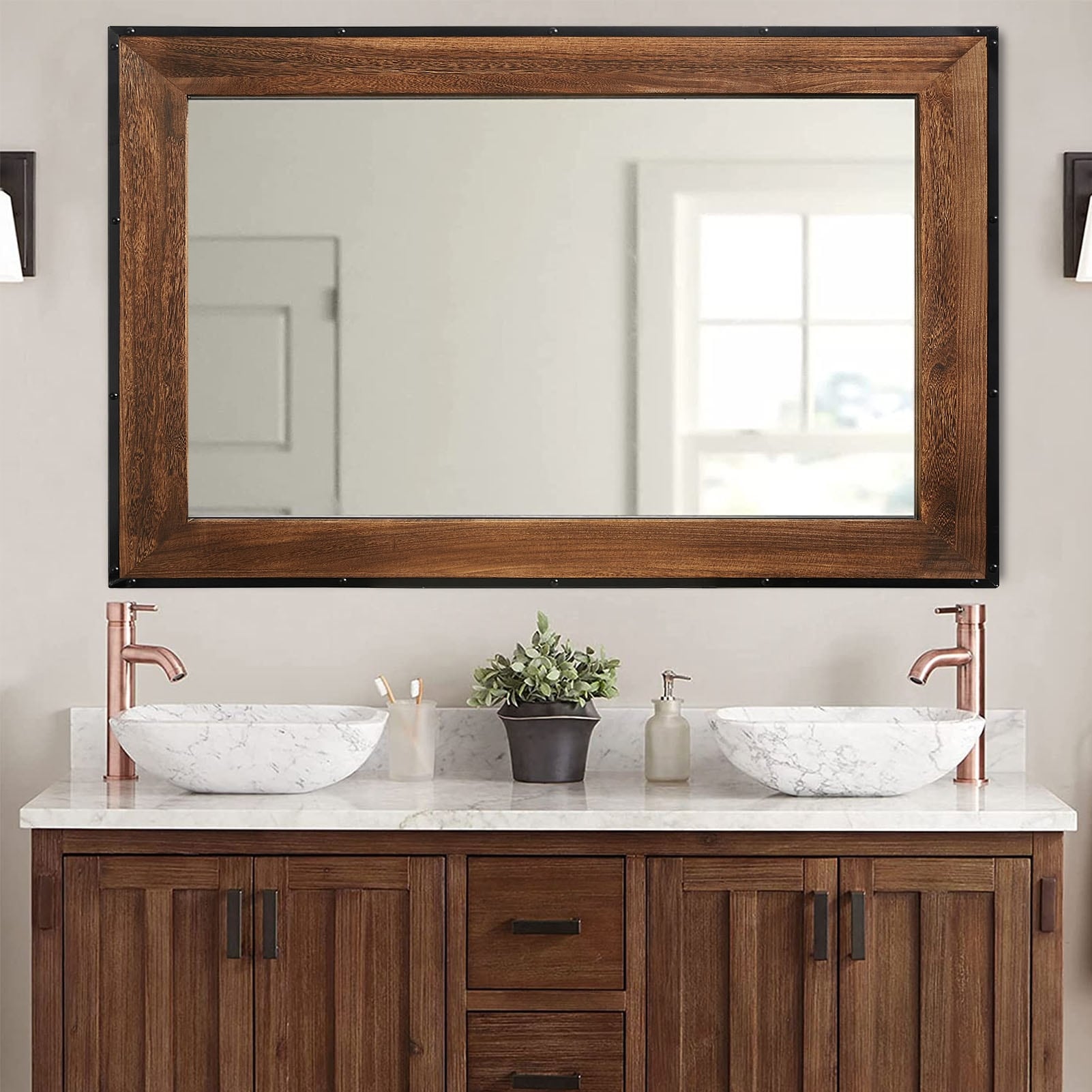 Rustic Natural Wood and Iron Framed Wall Vanity Mirror