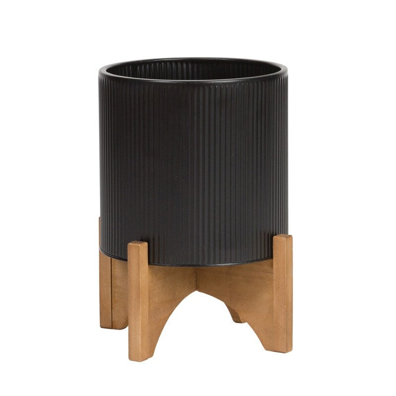 Everett Black Mid-Century Modern Indoor Metal Pot Planter with Arch Wood Base