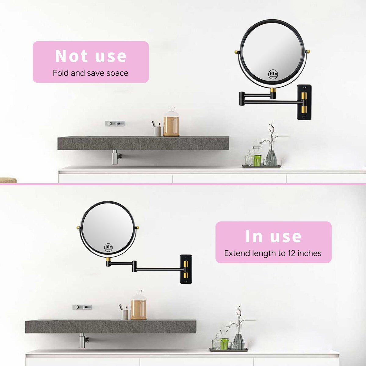 360° Swivel Wall Mounted Makeup Vanity Mirror with Extension Arm, 1X / 10X Magnification Mirror, 8-inch Makeup Mirror