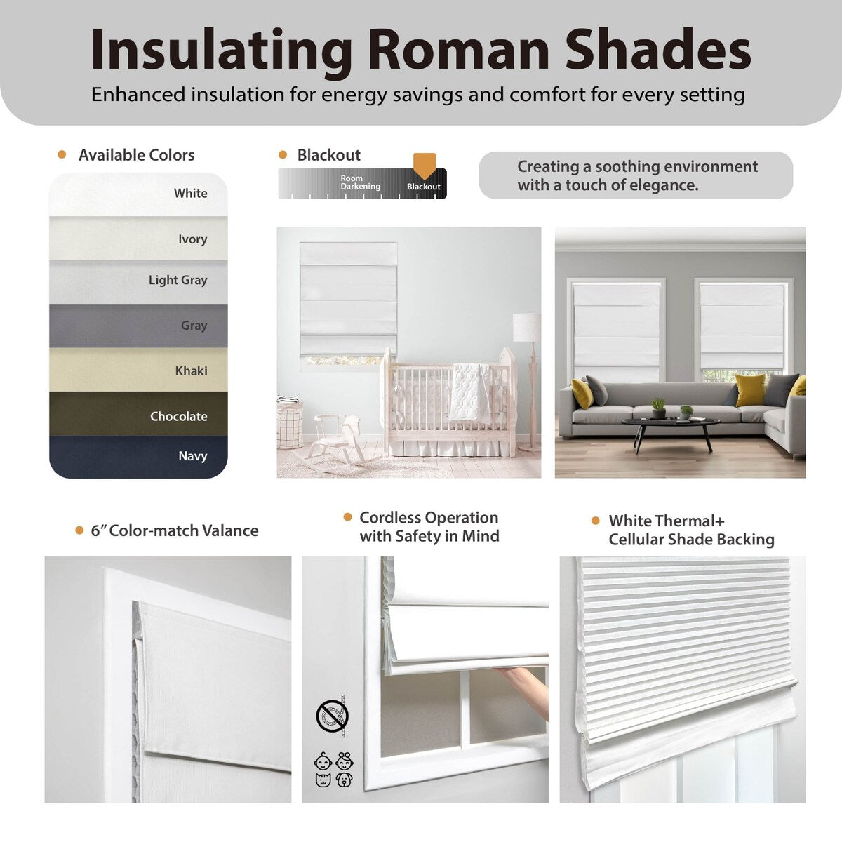 Regal Estate 72-inch White Insulating Cordless Roman Shade