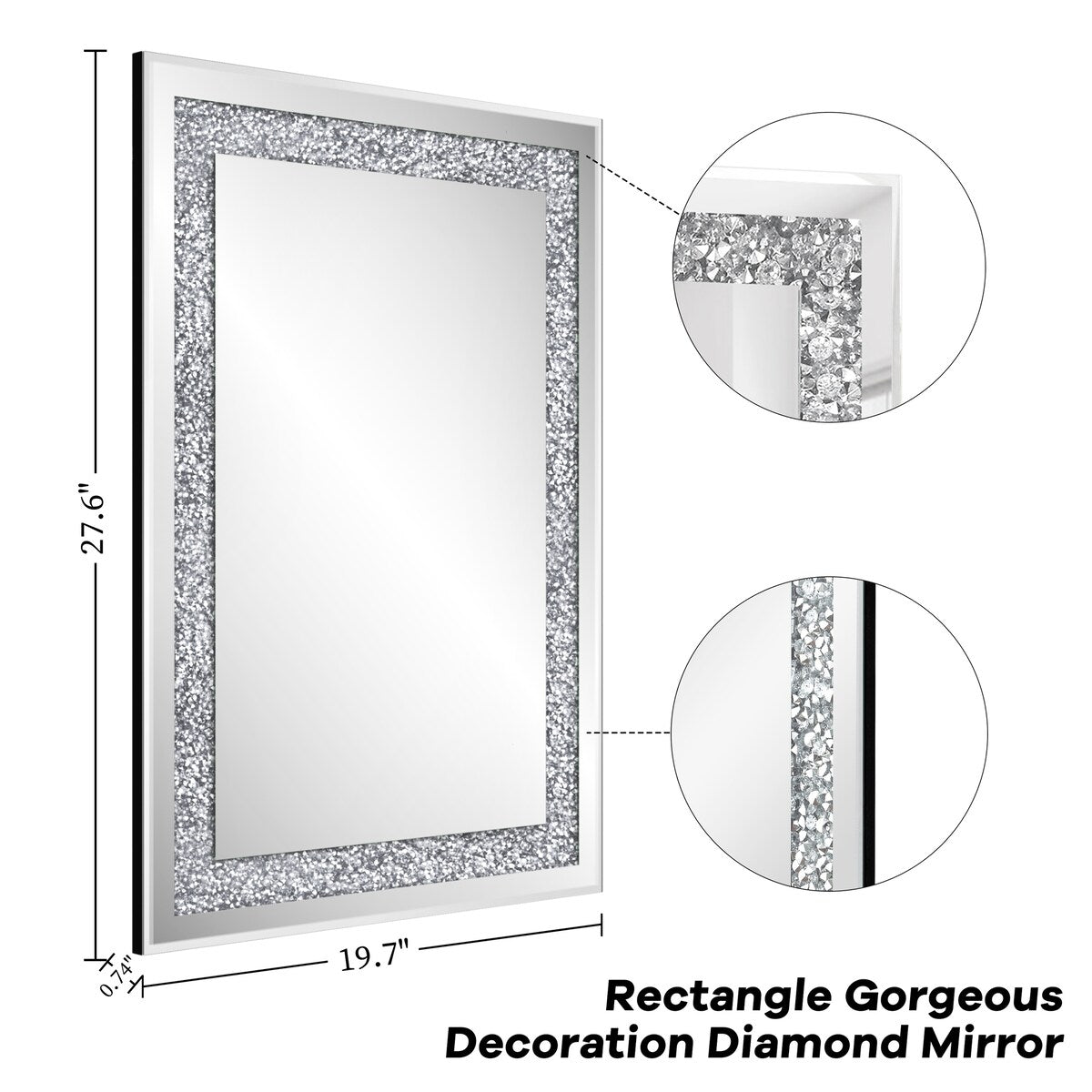 KOHROS Silver Rectangle Crystal Decorative Wall Mirror