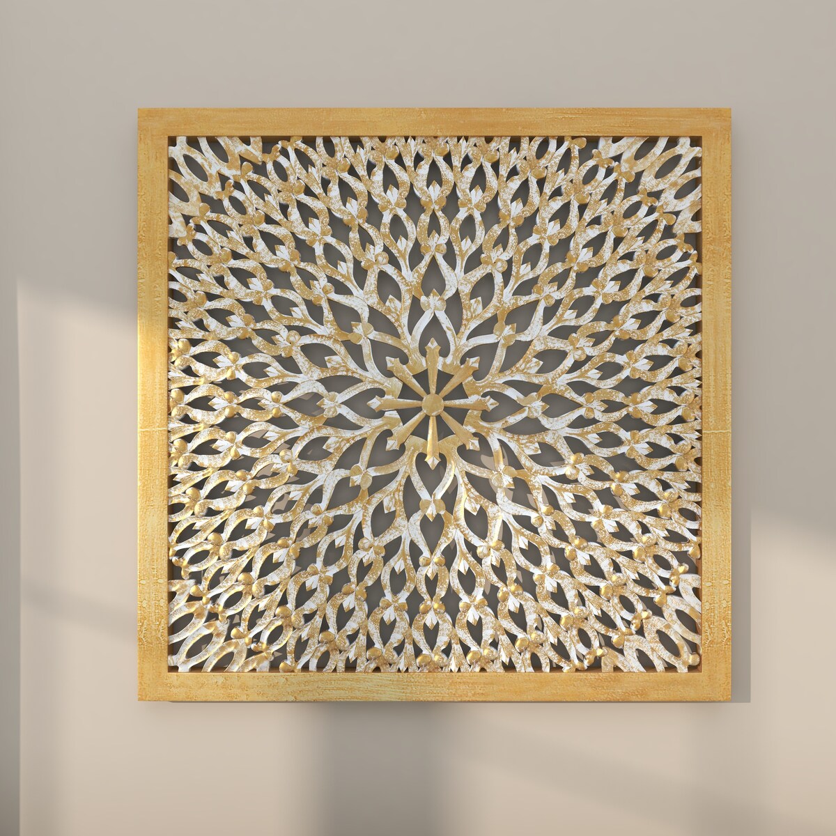 Wood Floral Handmade Intricately Carved Home Wall Decor with Mandala Design - Light Brown - Roche River Decor