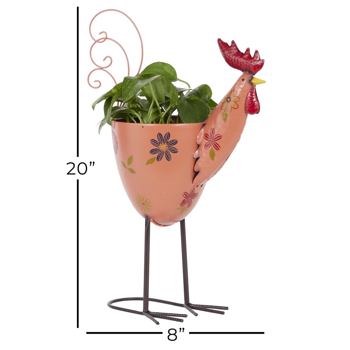 Metal Rooster Indoor Outdoor Planter with Floral Pattern Planter - Pink - Roche River Decor