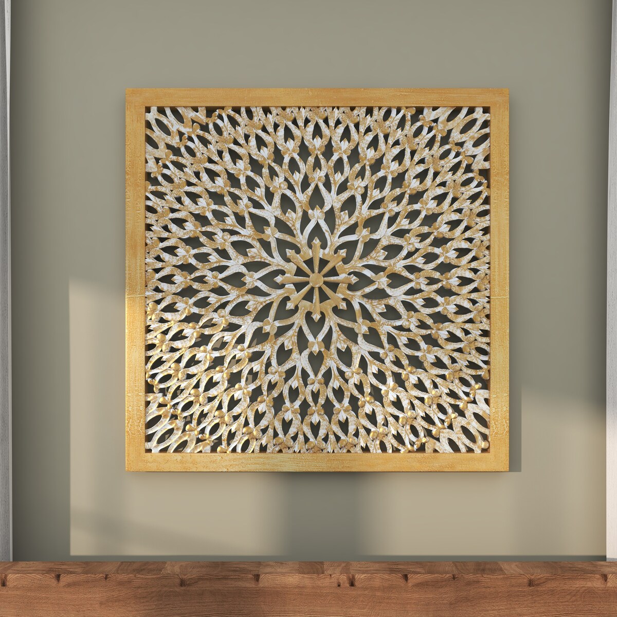 Wood Floral Handmade Intricately Carved Home Wall Decor with Mandala Design - Light Brown - Roche River Decor