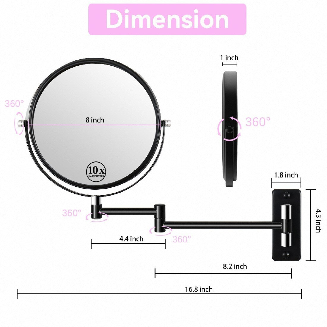 360° Swivel Wall Mounted Makeup Vanity Mirror with Extension Arm, 1X / 10X Magnification Mirror, 8-inch Makeup Mirror