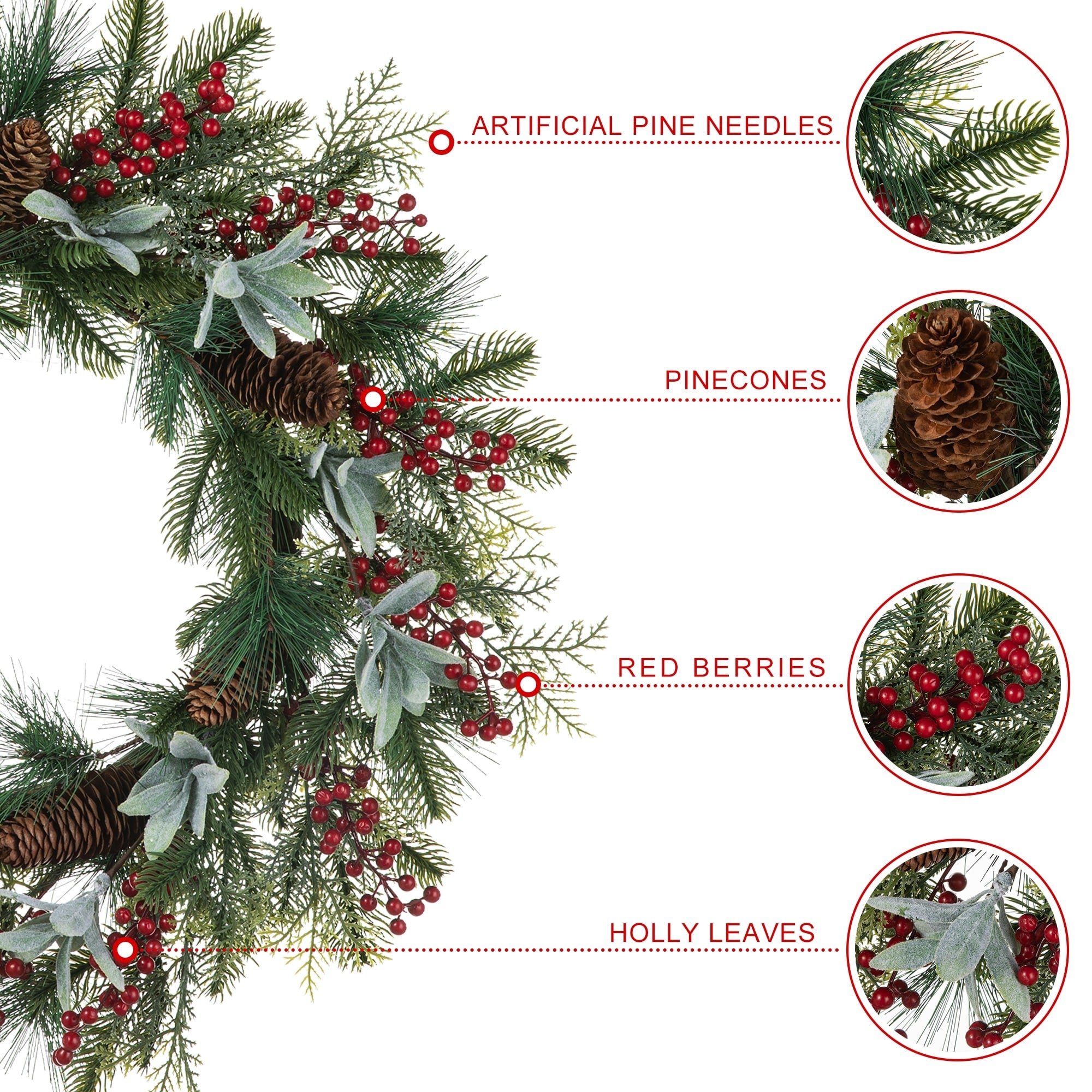 Glitzhome Christmas Berry Pinecone & Bell Teardrop Wreath Door Hanging Decor