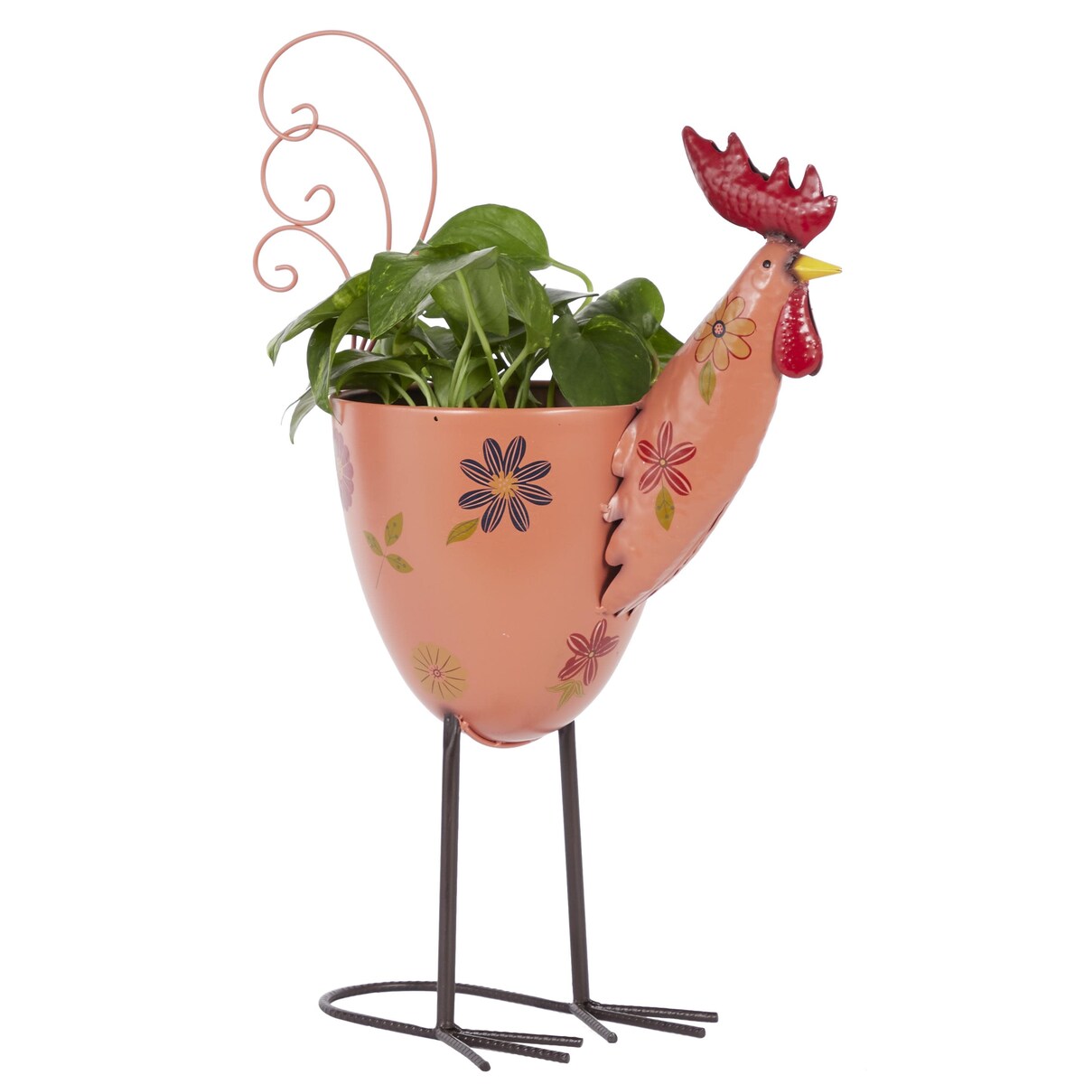 Metal Rooster Indoor Outdoor Planter with Floral Pattern Planter - Pink - Roche River Decor