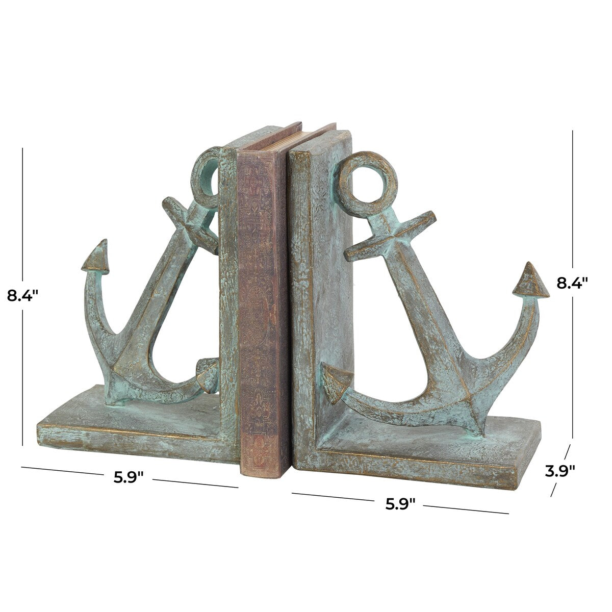 Polystone Anchor Distressed Patina Decorative Bookends with Gold Foil Accents - Set of 2 Blue - Roche River Decor