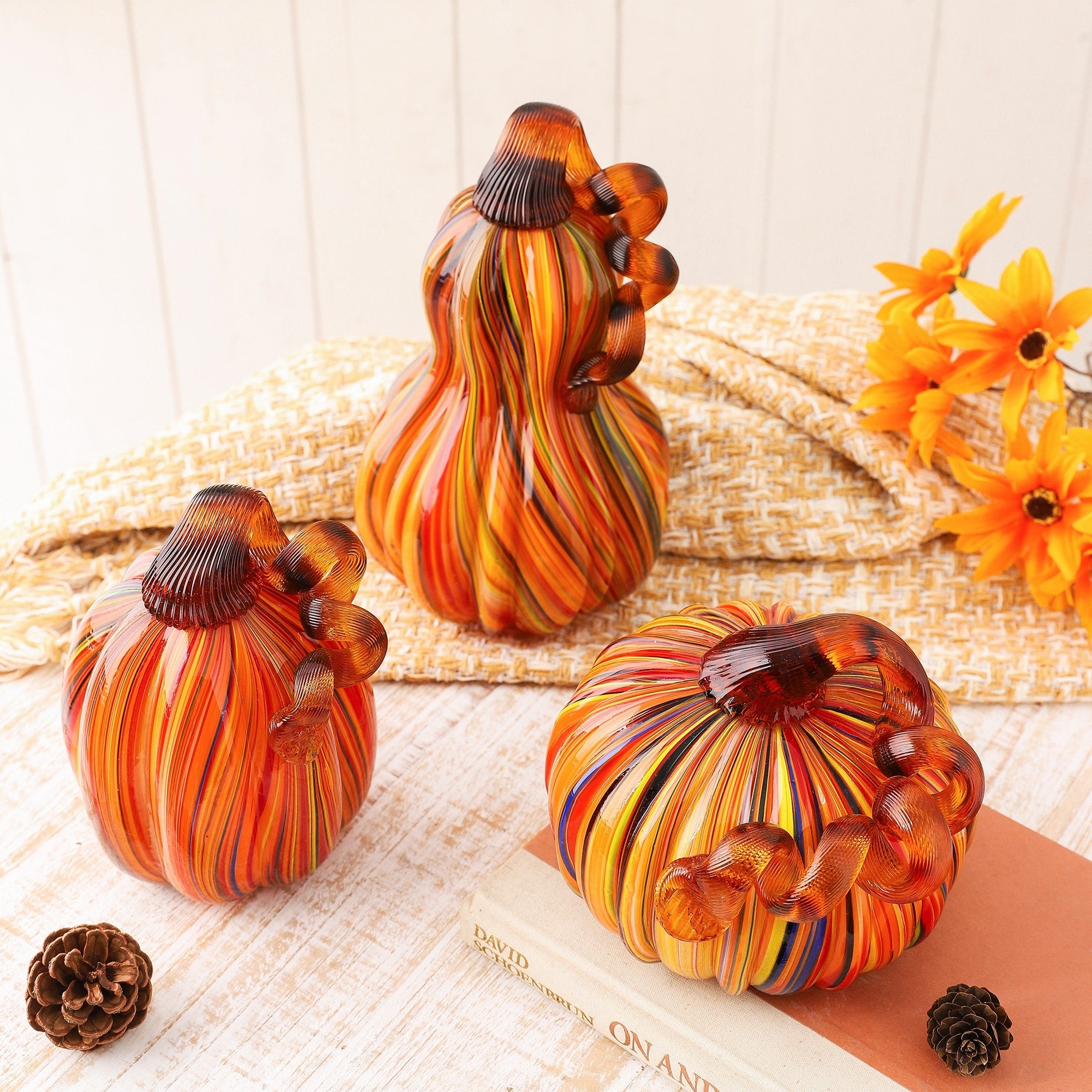 Glitzhome S/2 or S/3 Handblown Glass Pumpkins Thanksgiving Table Centerpiece Fall Harvest Gift Decor