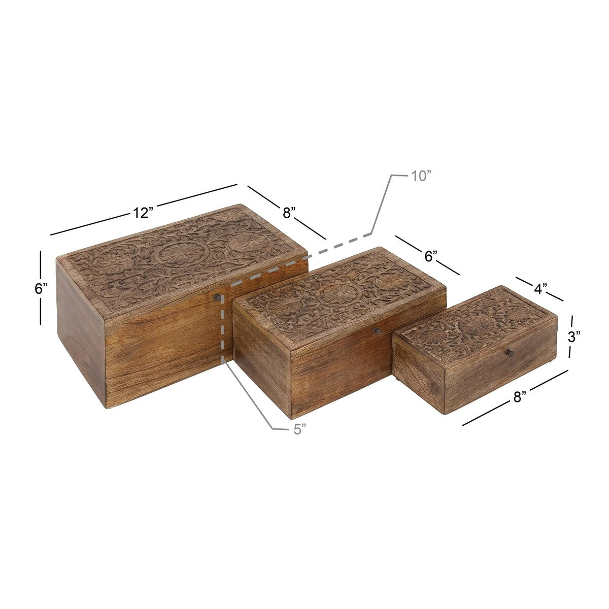 Mango Wood Floral Handmade Decorative Box with Hinged Lid - Set of 3 Brown or White - Roche River Decor