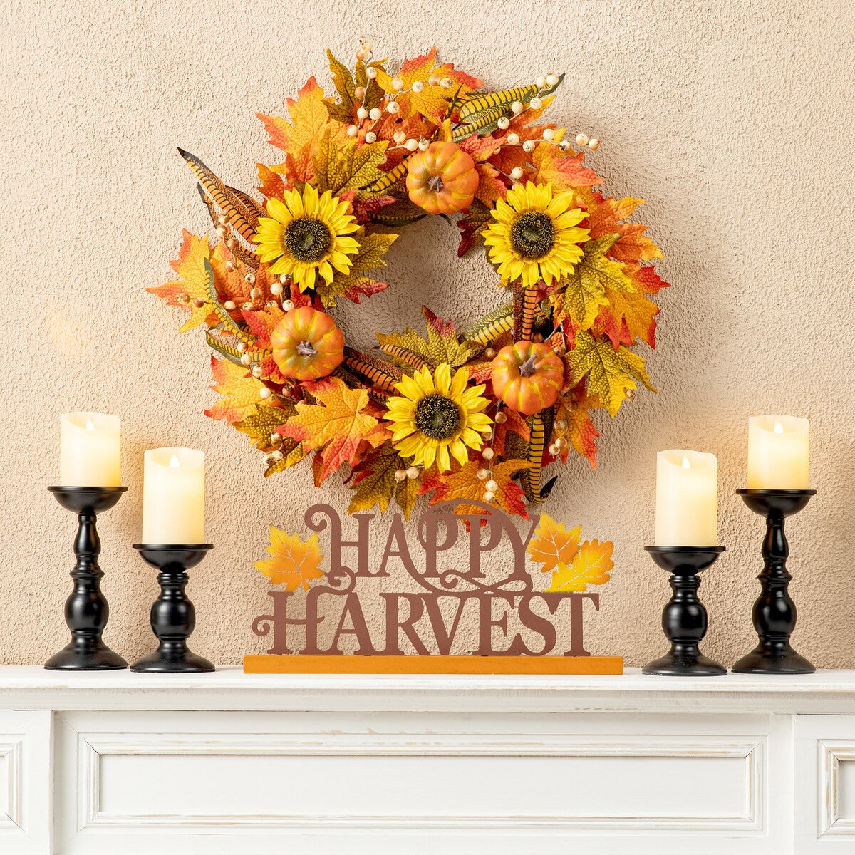 Glitzhome 24D Fall Pumpkin Sunflower Lotus Floral & Wreath for Thanksgiving