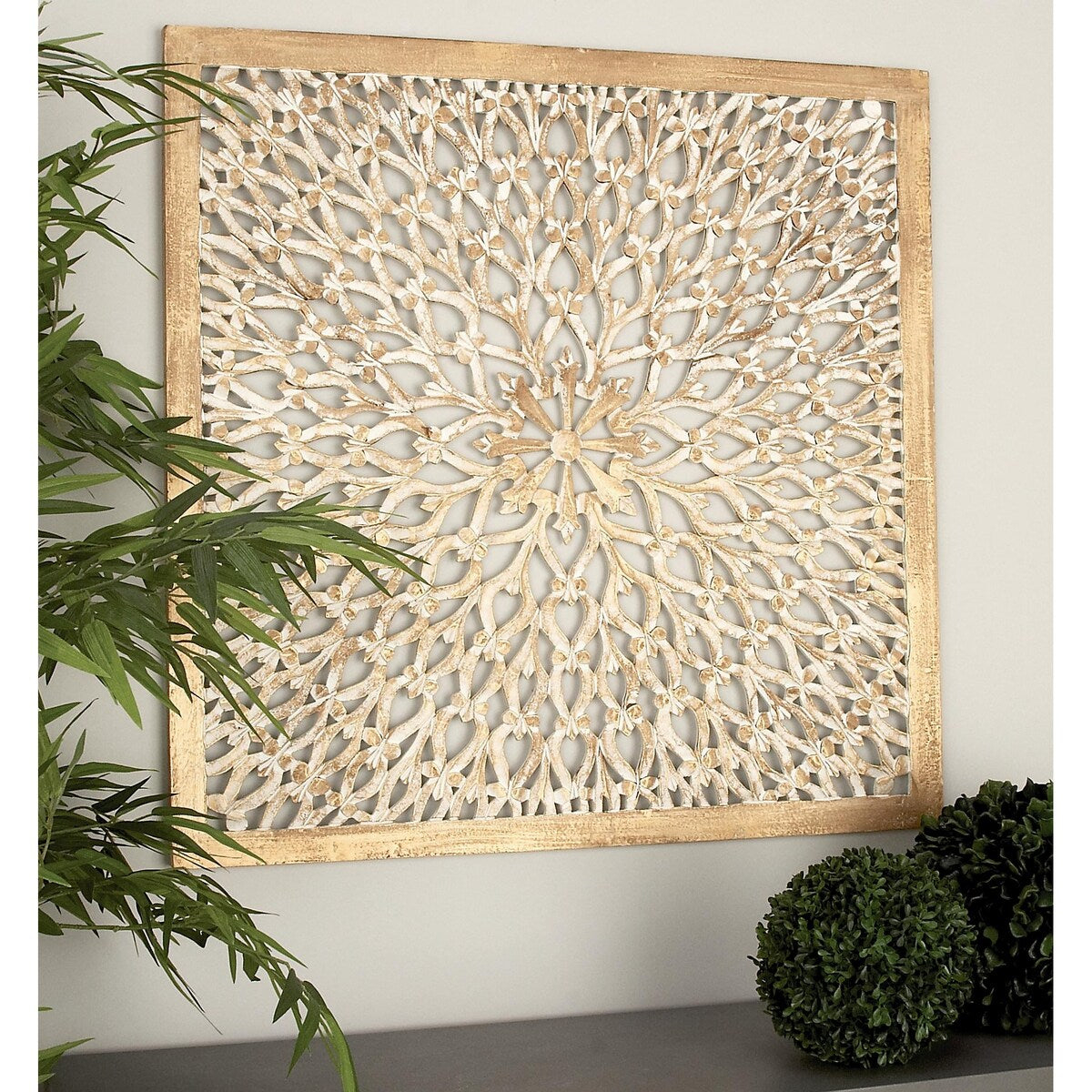 Wood Floral Handmade Intricately Carved Home Wall Decor with Mandala Design - Light Brown - Roche River Decor