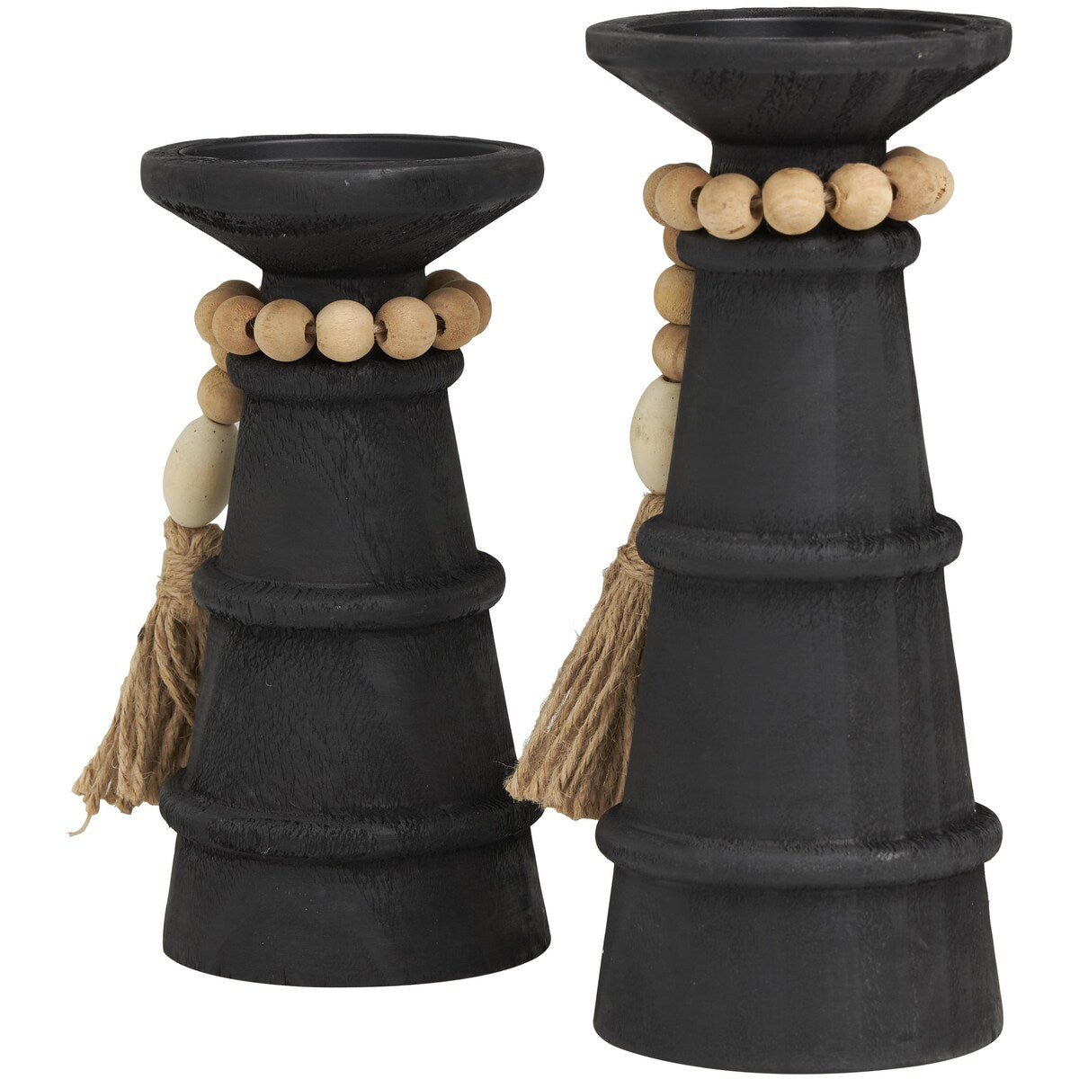 Wood Handmade Textured Matte Decorative Candle Holder with Beaded Garland Accent - Set of 2 Black - Roche River Decor