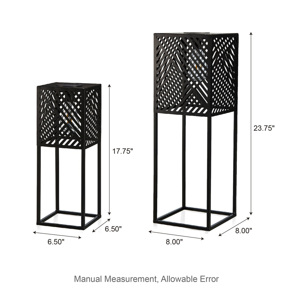 Glitzhome 24H Set of 2 Outdoor Geometric Black Metal Solar Standing Lantern with Bulb