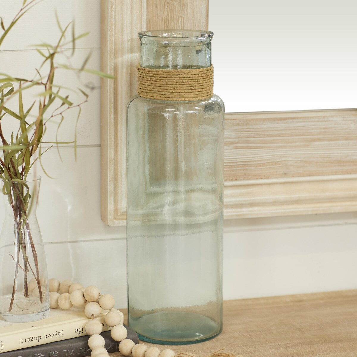 Recycled Glass Handmade Spanish Decorative Vase with Wrapped Rattan Neck Detail - Clear - Roche River Decor